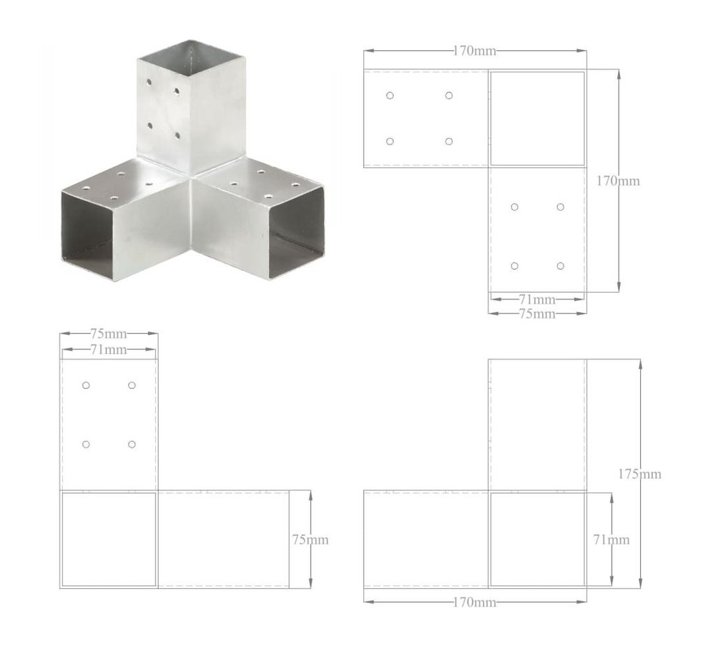 Thumbnail - Vellora Profil-Eckverbinder Pfostenverbinder 4 Stk. Verzinktes Metall 71 x 71 mm, für Eckverbindung, (4-St., T-Form, Y-F...