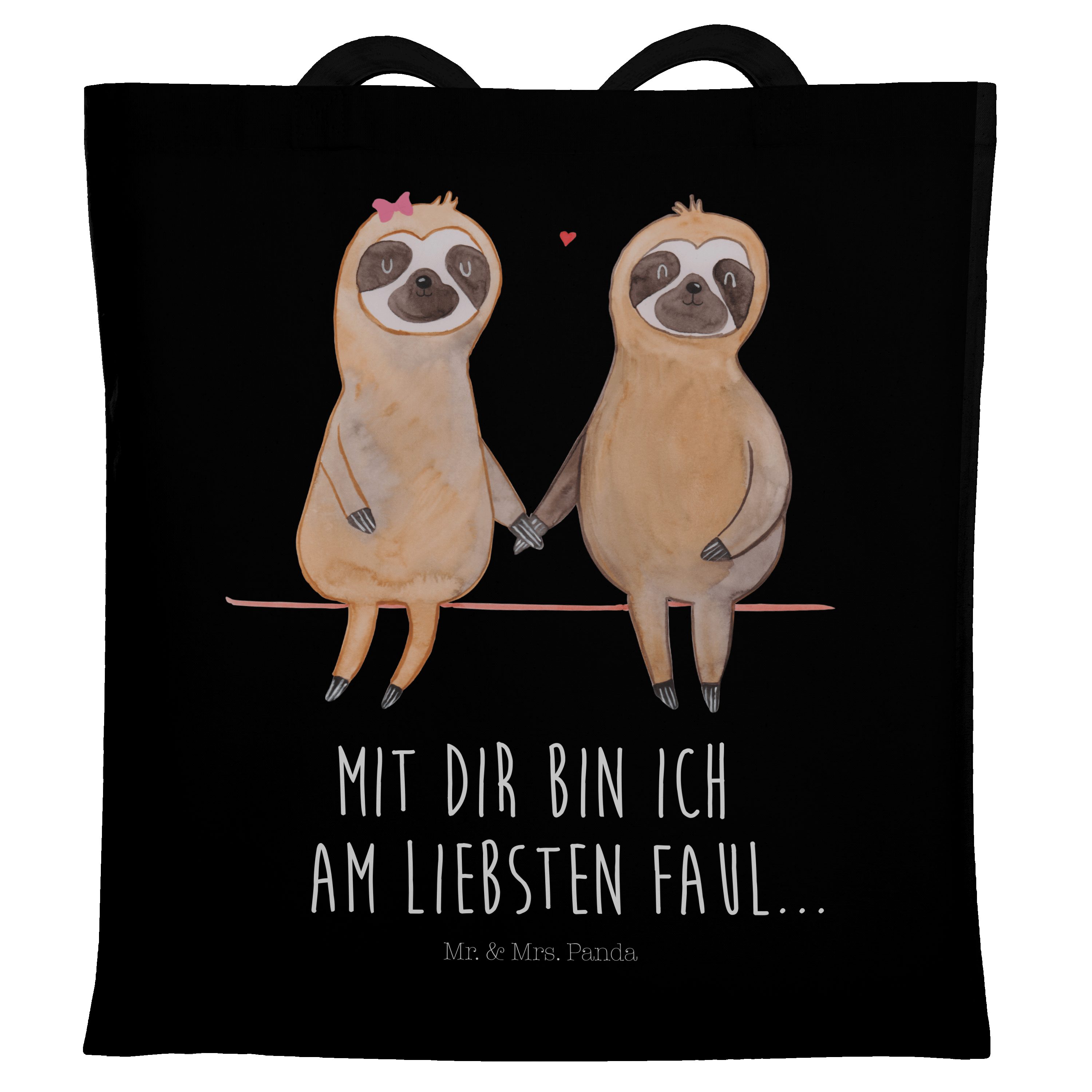 Mr. & Mrs. Panda Tragetasche Faultier Pärchen - Schwarz - Geschenk, Stoffbeutel, verliebt, Beutelt (1-tlg), Design-Highlight