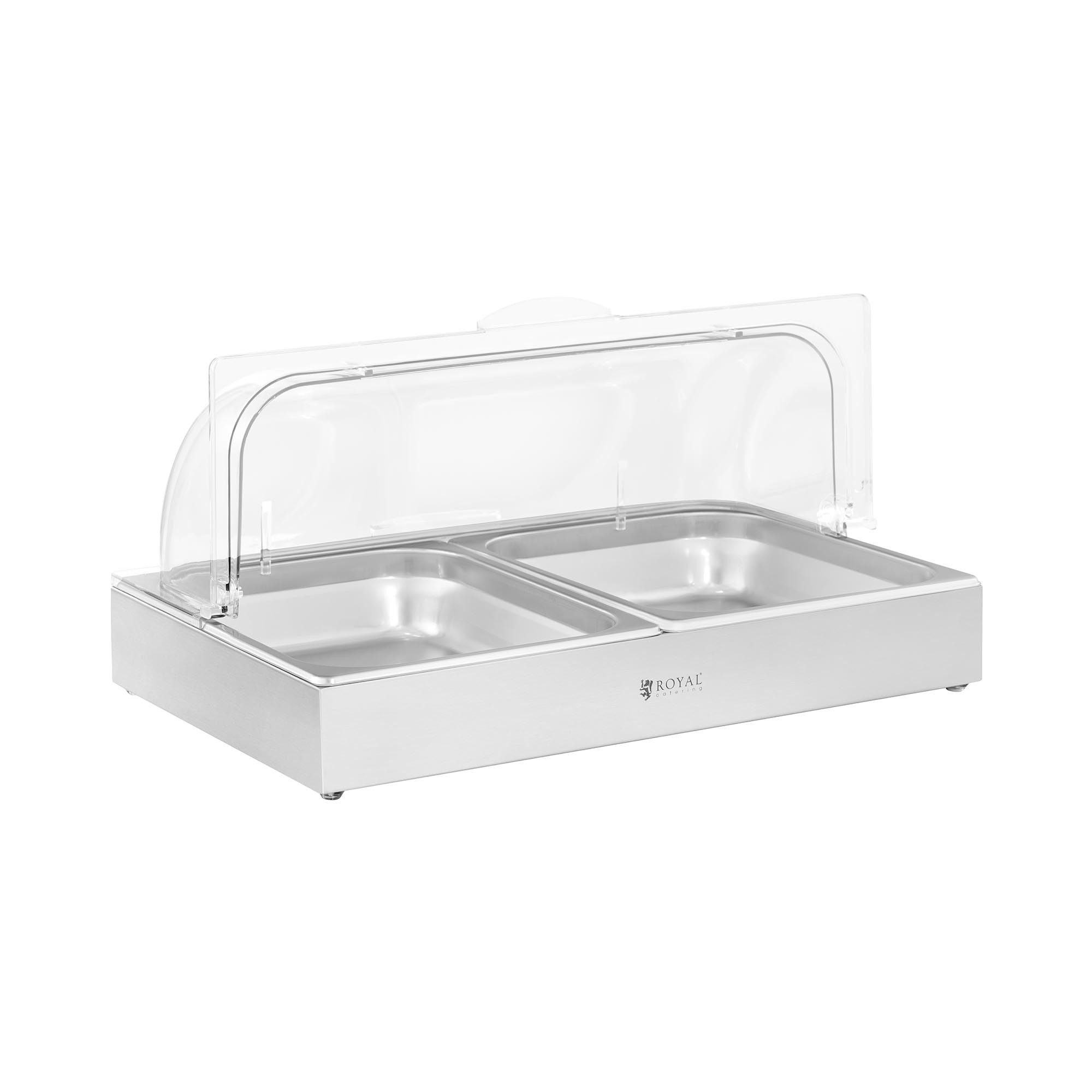 Royal Catering Buffet-Vitrine 2 x 4 L Servierplatte mit Deckel Buffetplatte 535 x 335 x 250 mm, Edelstahl, Kunststoff (Polycarbonat)
