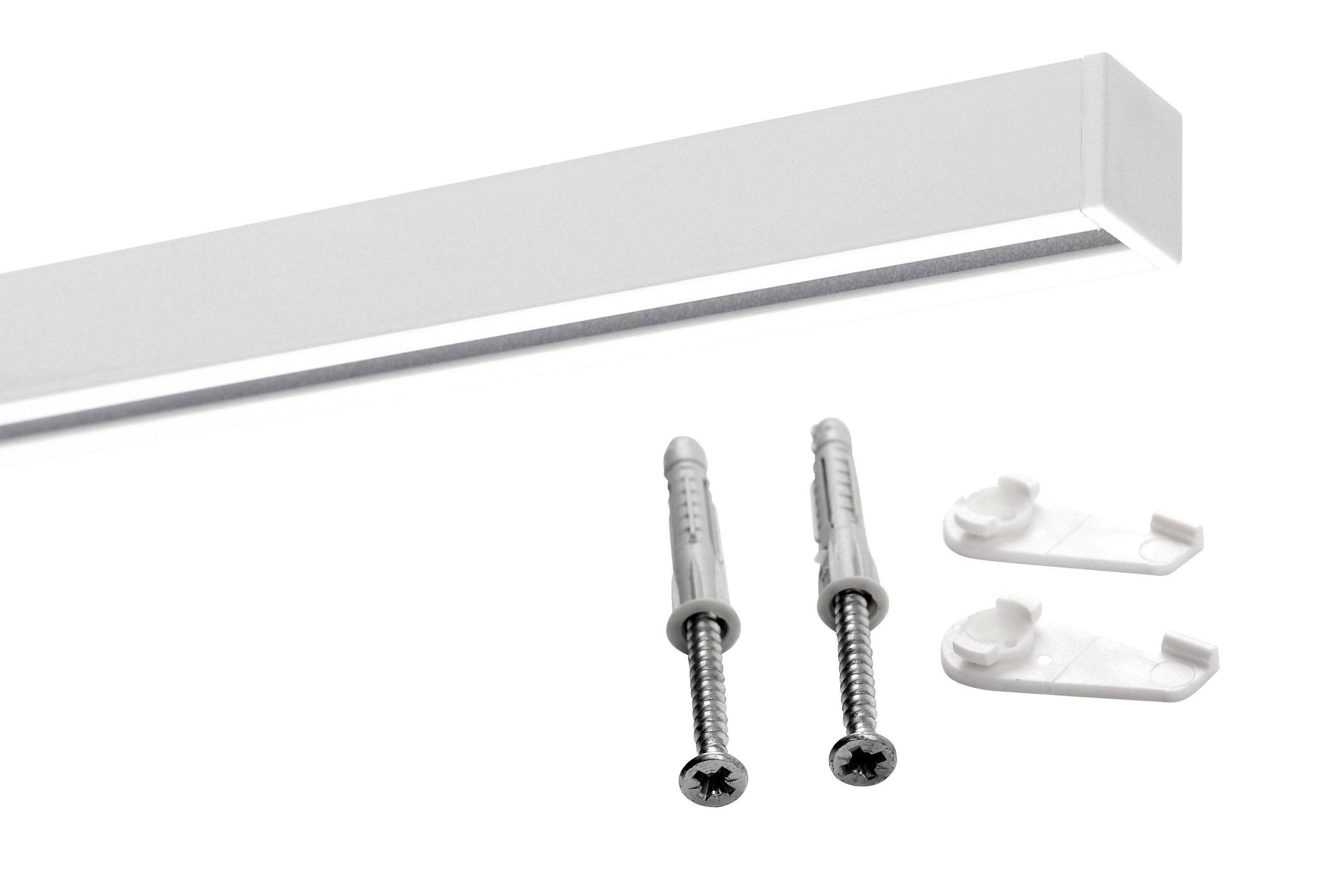 Deco-Raum Gardinenschiene Innenlauf Square eckig flach, 1-läufig, kürzbar, Wunschmaßlänge, Bohren, Deckenbefestigung, Aluminium, Flächenvorhang Schiene Innenlaufstange für Vorhänge mit Spannriegel
