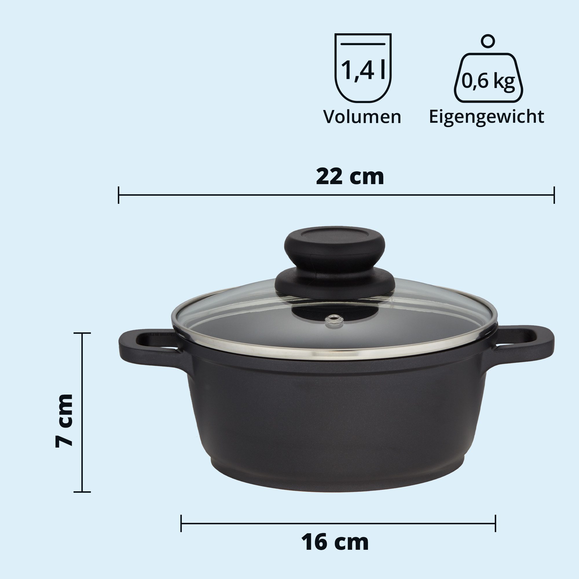 KHG Kochtopf aus einem Guss, Antihaftbeschichtung, 16 cm Durchmesser, Schwarz, Aluminium, 1,25 Liter Volumen, Glasdeckel, für alle Herdarten inklusive Induktion