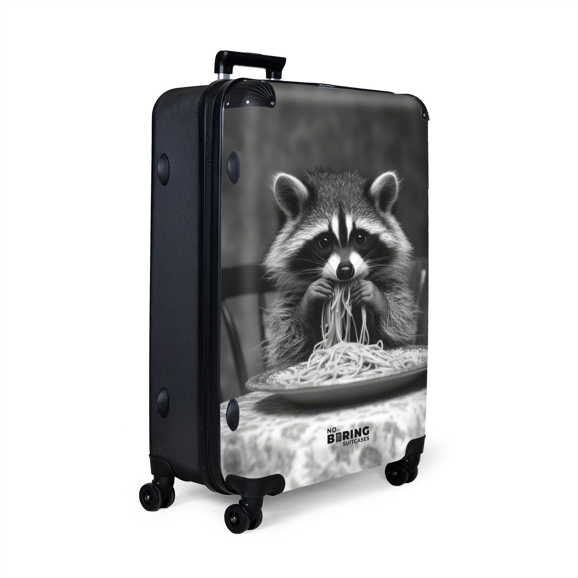 NoBoringSuitcases.com© Hartschalen-Trolley Waschbär isst Spaghetti in schwarz-weiß 77 cm - 98 L, 8 Rollen, Koffer Groß für 30kg, Trolley, Rollkoffer, Reisekoffer