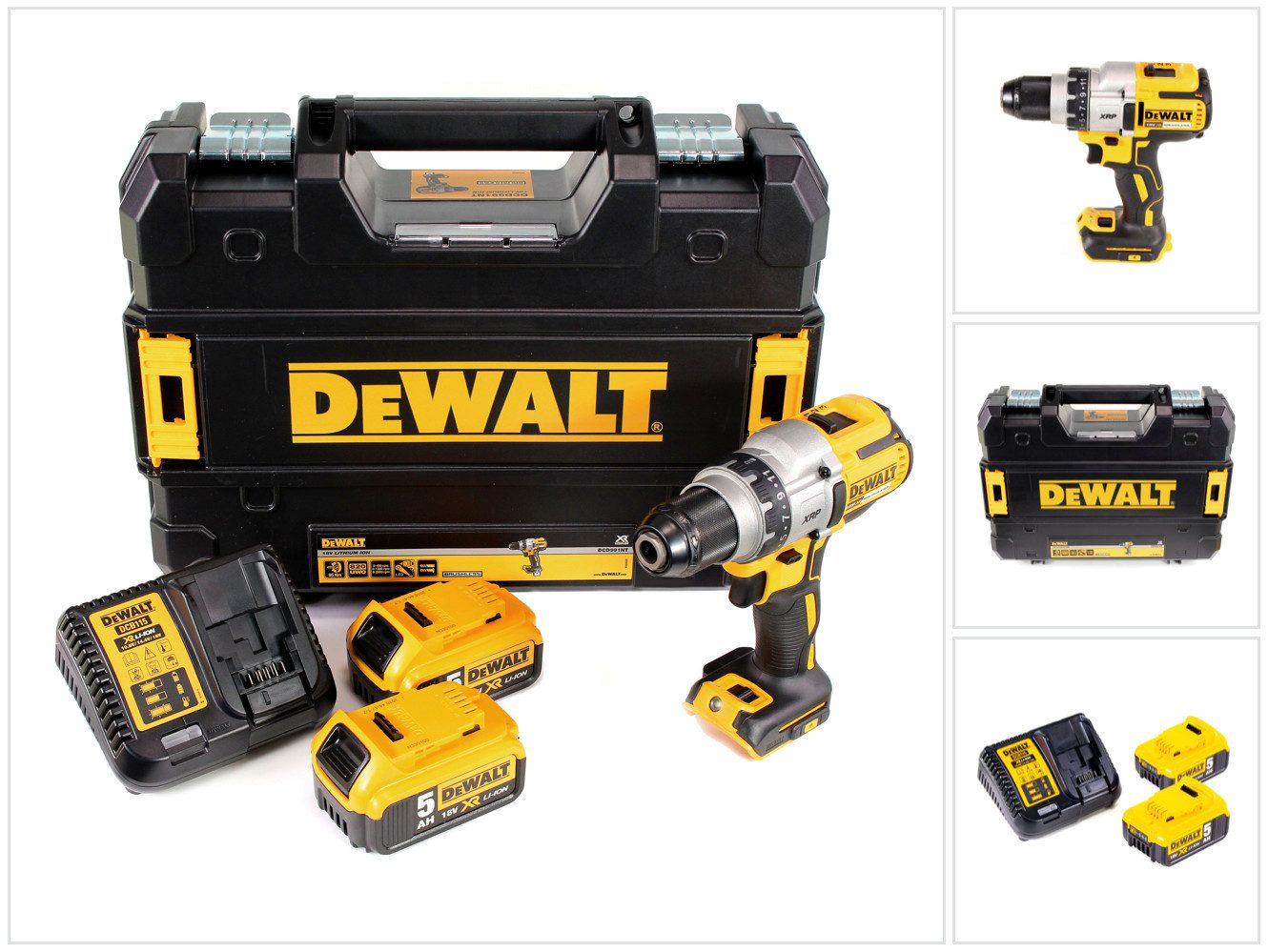 DeWalt Säulenbohrmaschine DCD 991 P2 Akku Bohrschrauber 18V 95Nm Brushless + 2x Akku 5,0Ah + La