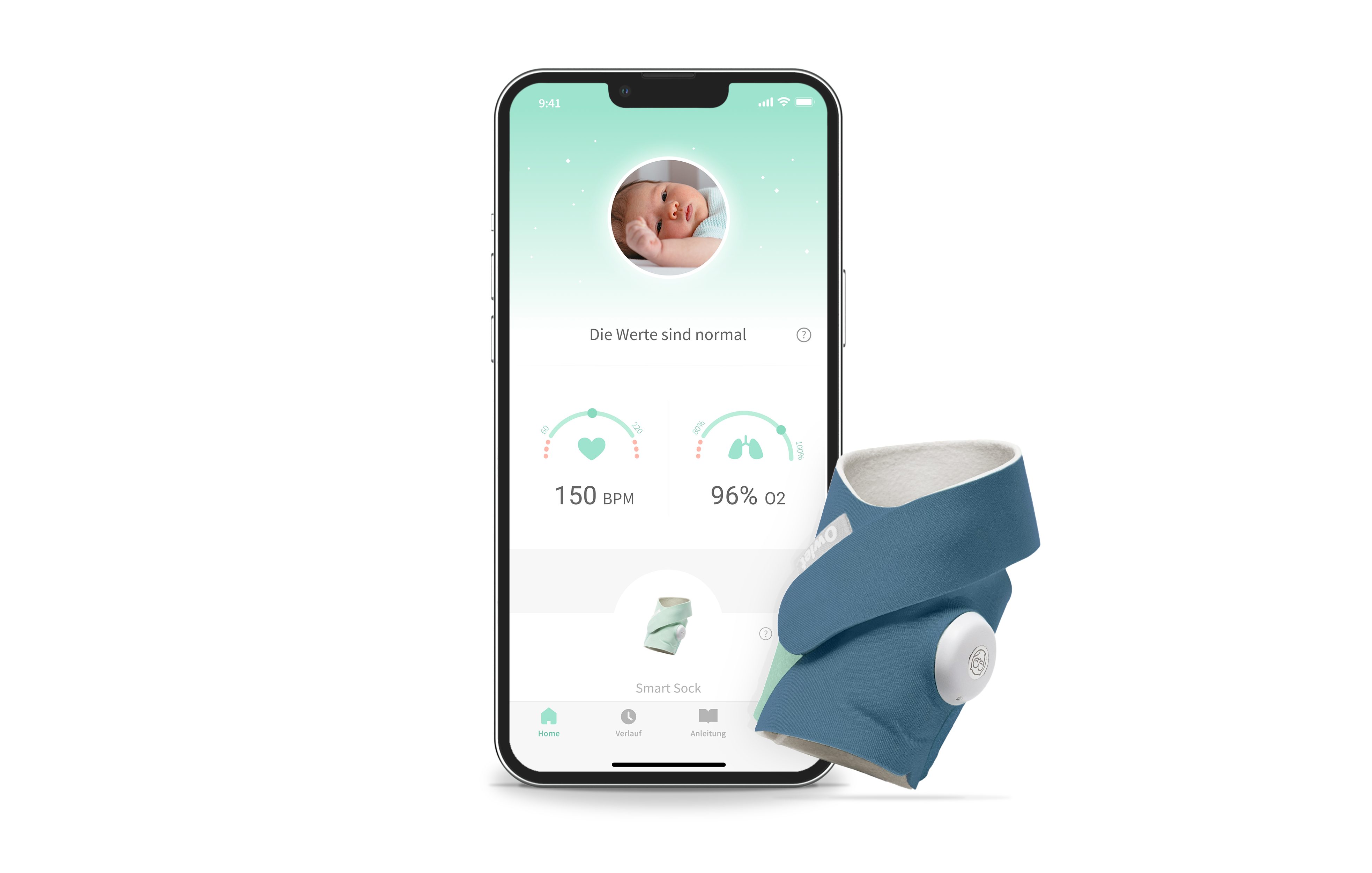 Owlet Baby Smart Nachtblau Care Babyphone, Puls- Sock, Sauerstoffmessung und DE