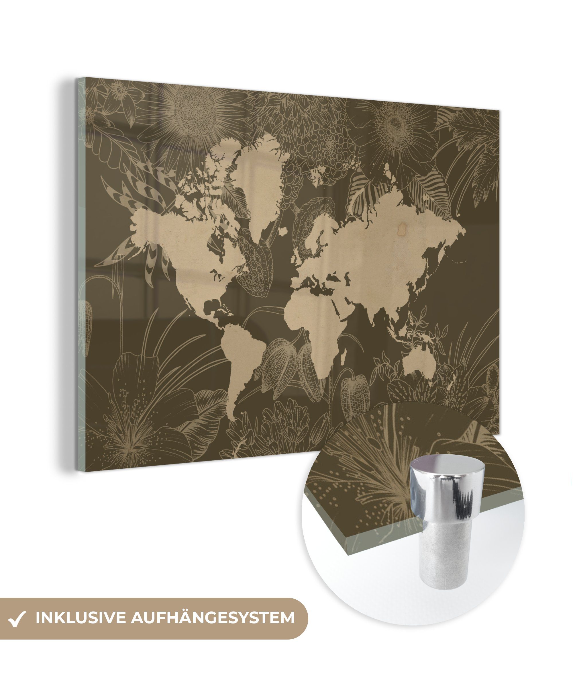 MuchoWow Acrylglasbild Weltkarte - Blumen - Braun, (1 St), Glasbilder - Bilder auf Glas Wandbild - Foto auf Glas - Wanddekoration