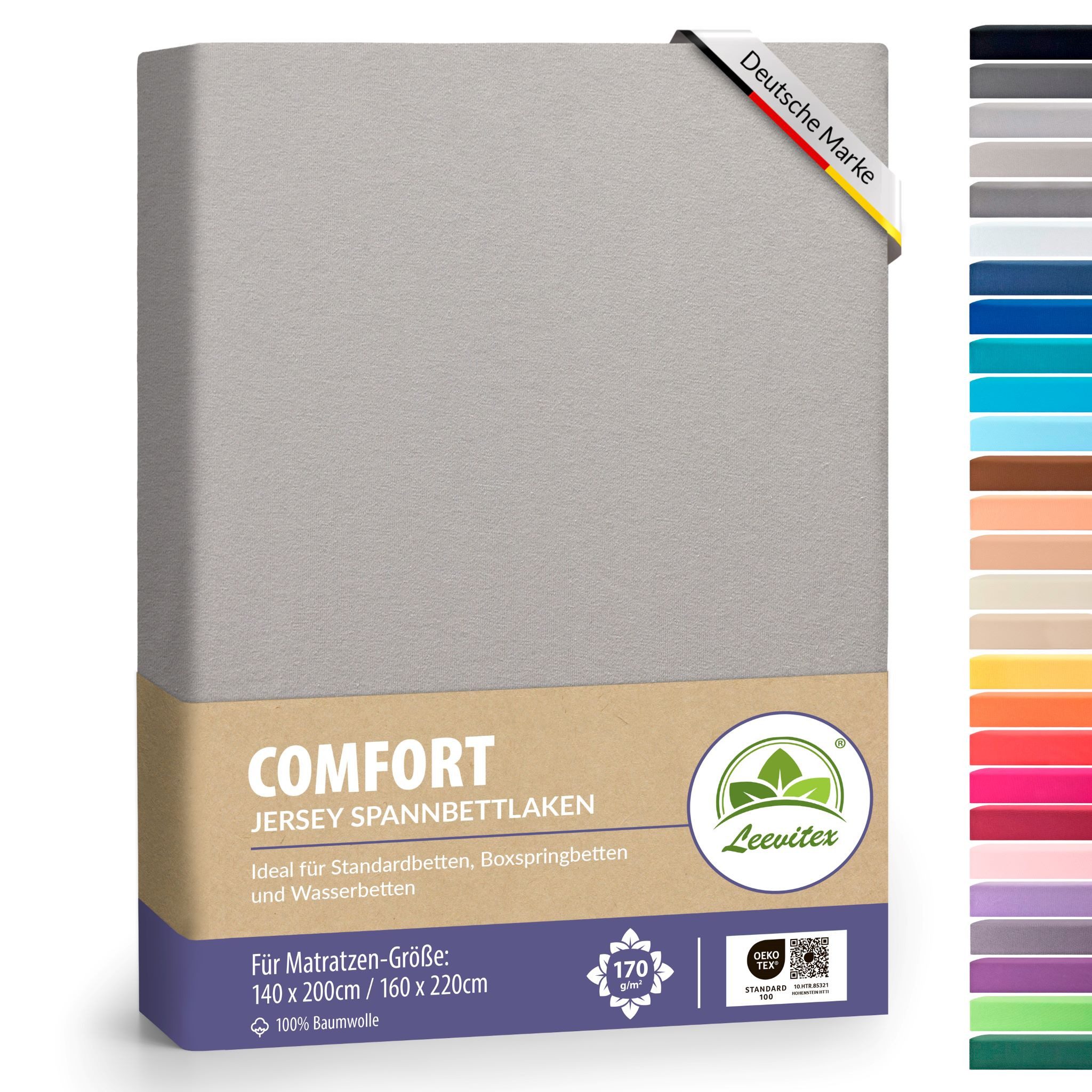 leevitex® Spannbettlaken Premium 170g/m², Gummizug: rundum, schwer und dick, 100% Jersey-Baumwolle, auch Boxspringbett geeignet