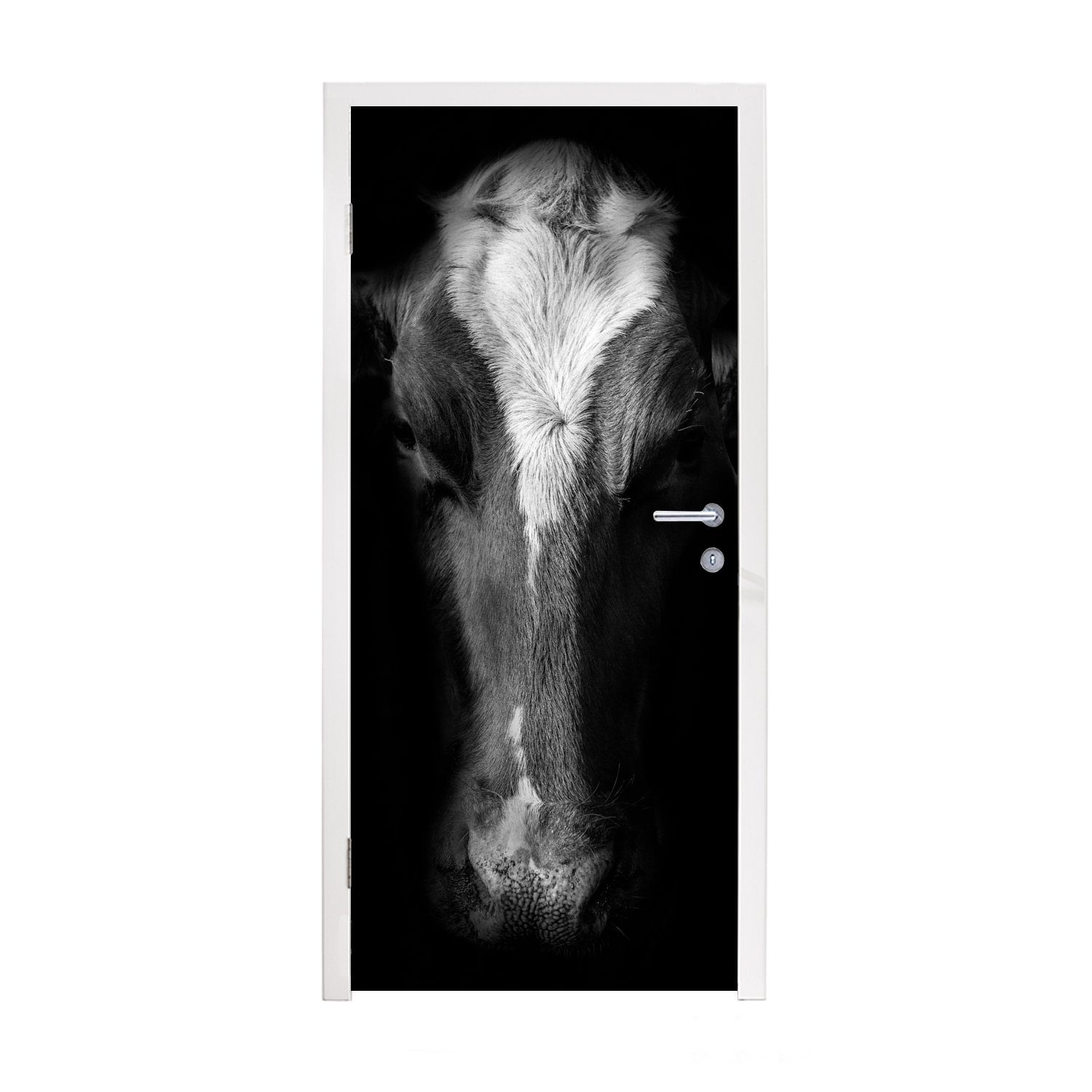 MuchoWow Türtapete Kuh Porträt auf schwarzem Hintergrund in schwarz und weiß, Matt, bedruckt, (1 St), Fototapete für Tür, Türaufkleber, 75x205 cm