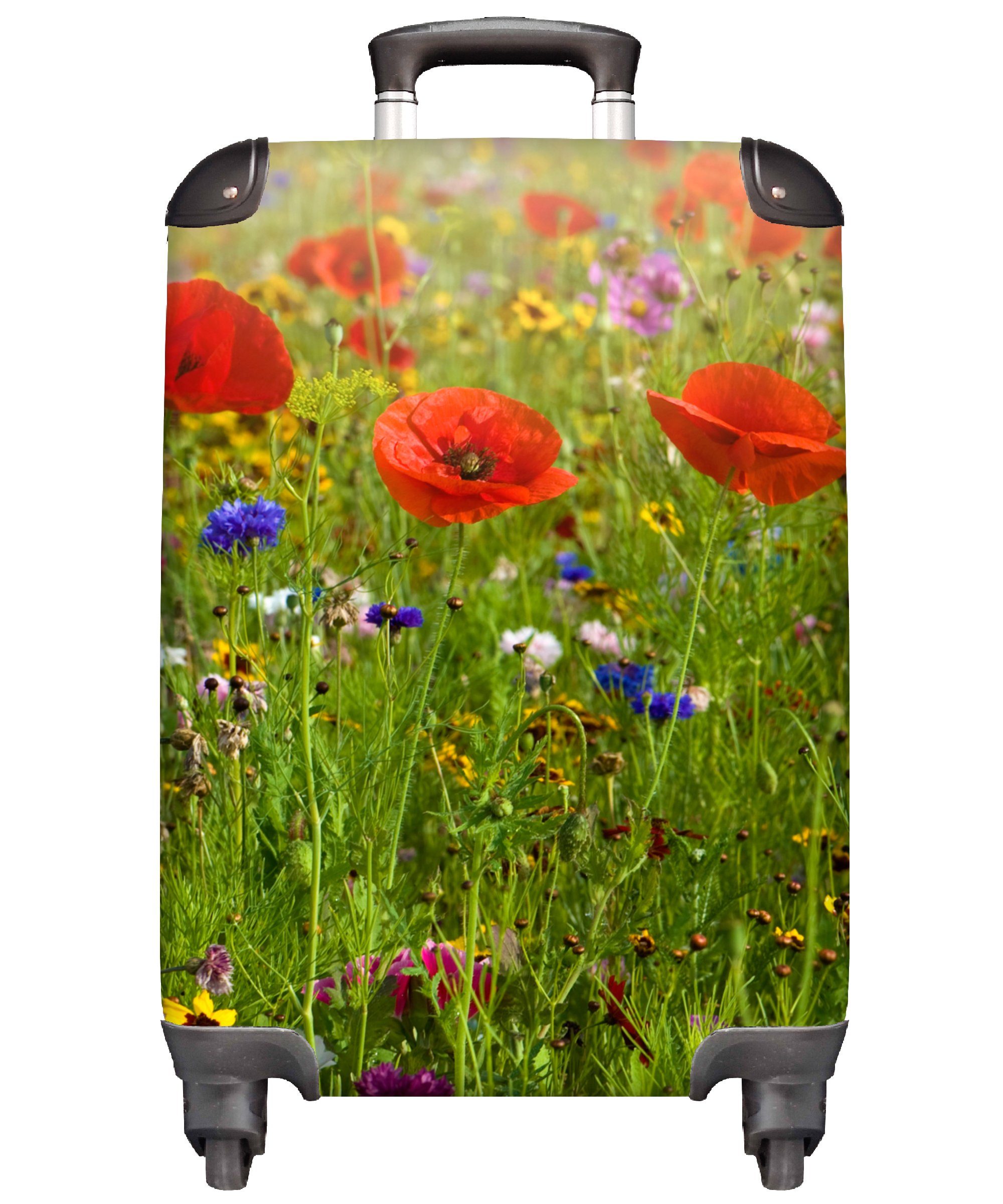 MuchoWow Handgepäckkoffer Frühling - Blumen - Rot - Mohn - Gras - Grün, 4 Rollen, Reisetasche mit rollen, Handgepäck für Ferien, Trolley, Reisekoffer