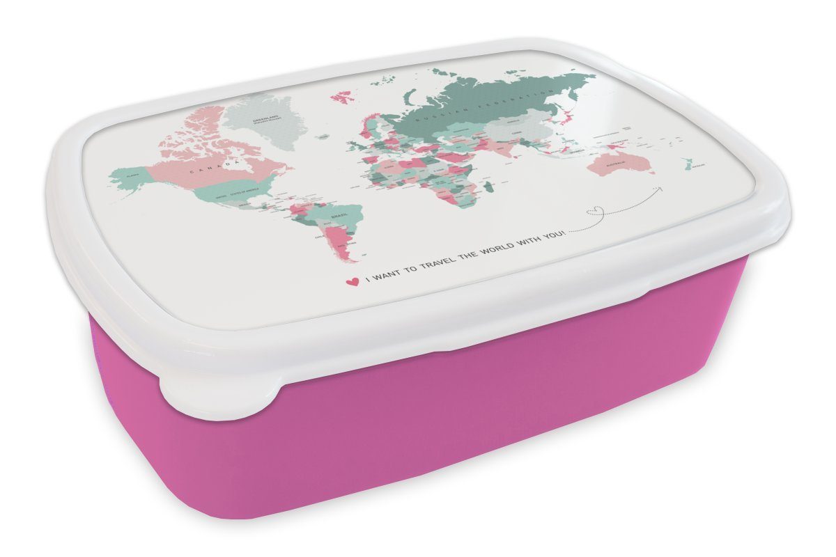 MuchoWow Lunchbox Weltkarte - Pastell - Topographie, Kunststoff, (2-tlg), Brotbox für Erwachsene, Brotdose Kinder, Snackbox, Mädchen, Kunststoff rosa