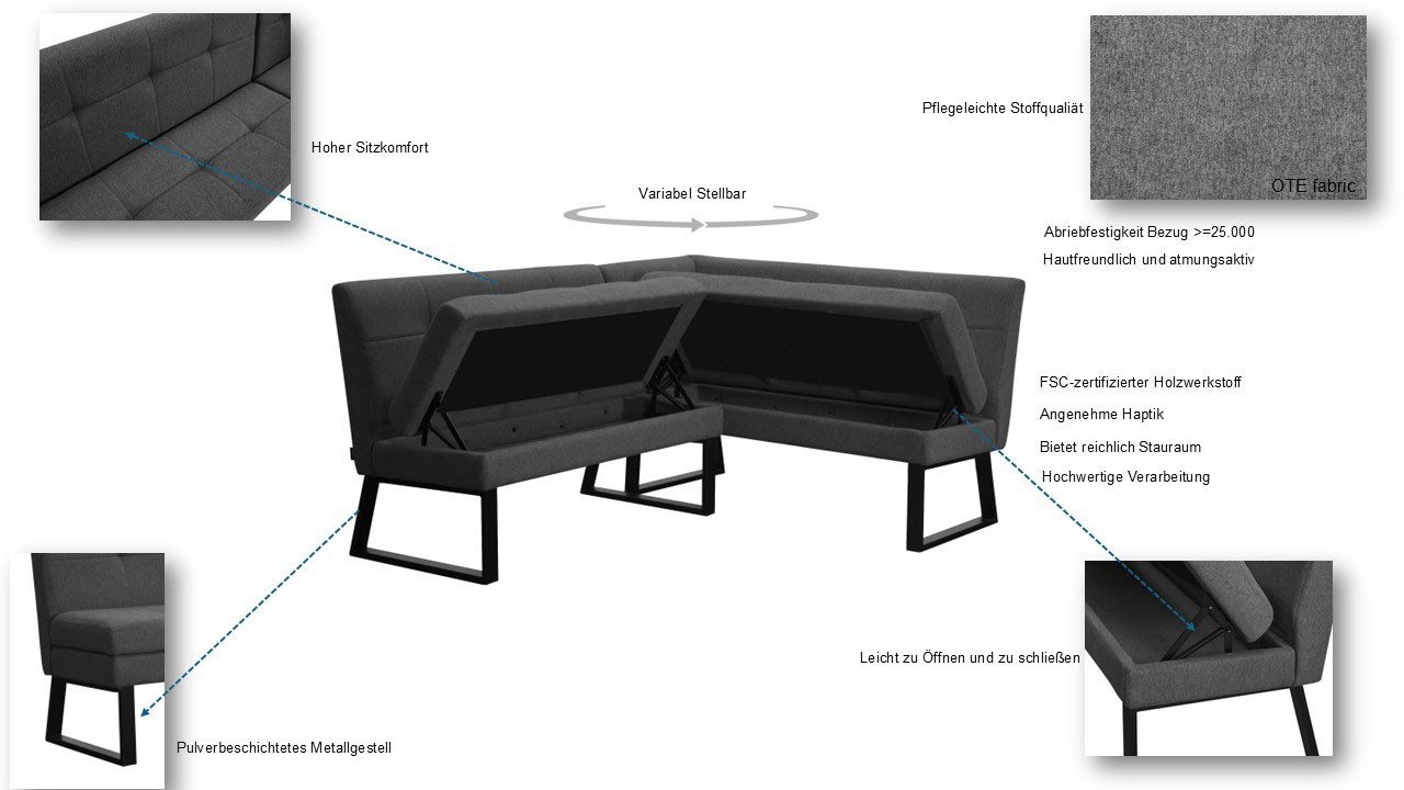 OTTO home Eckbank Geranie, Sitzbank, Essbank, pflegeleichter Strukturstoff, Eckbank inkl. Stauraum, Pulverbeschichtetes Metallgestell