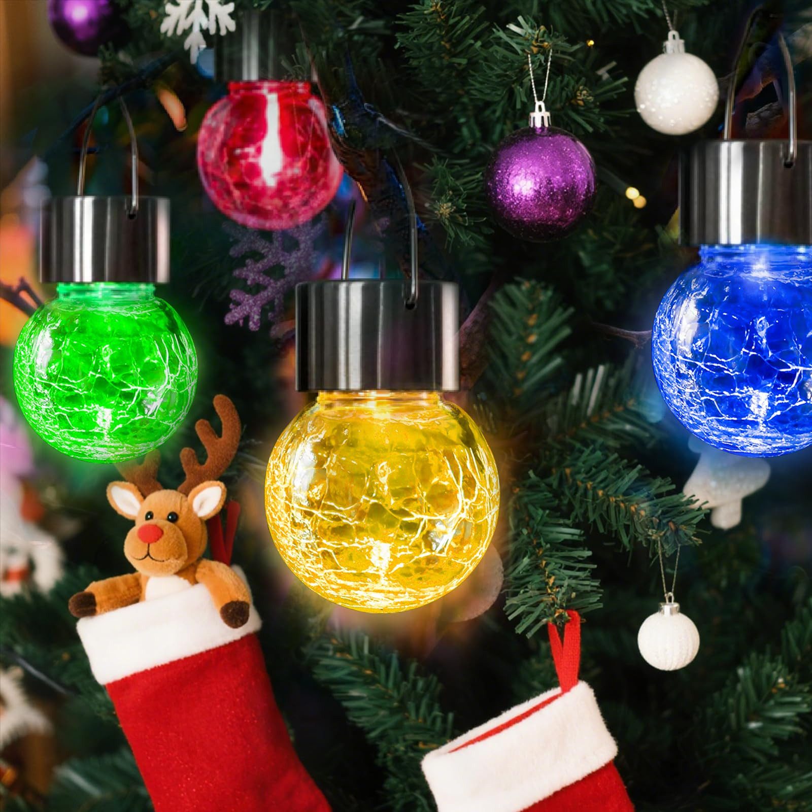 LQWELL LED Solarleuchte LED Solar Hängeleuchte Außen Solar Gartenleuchte hängend, LED fest integriert, Warmweiß Crackle Glaskugel LaterneLicht Aufhängen oder hinstellen, für Party, Garten, Zaun, Baum, Foto Deko