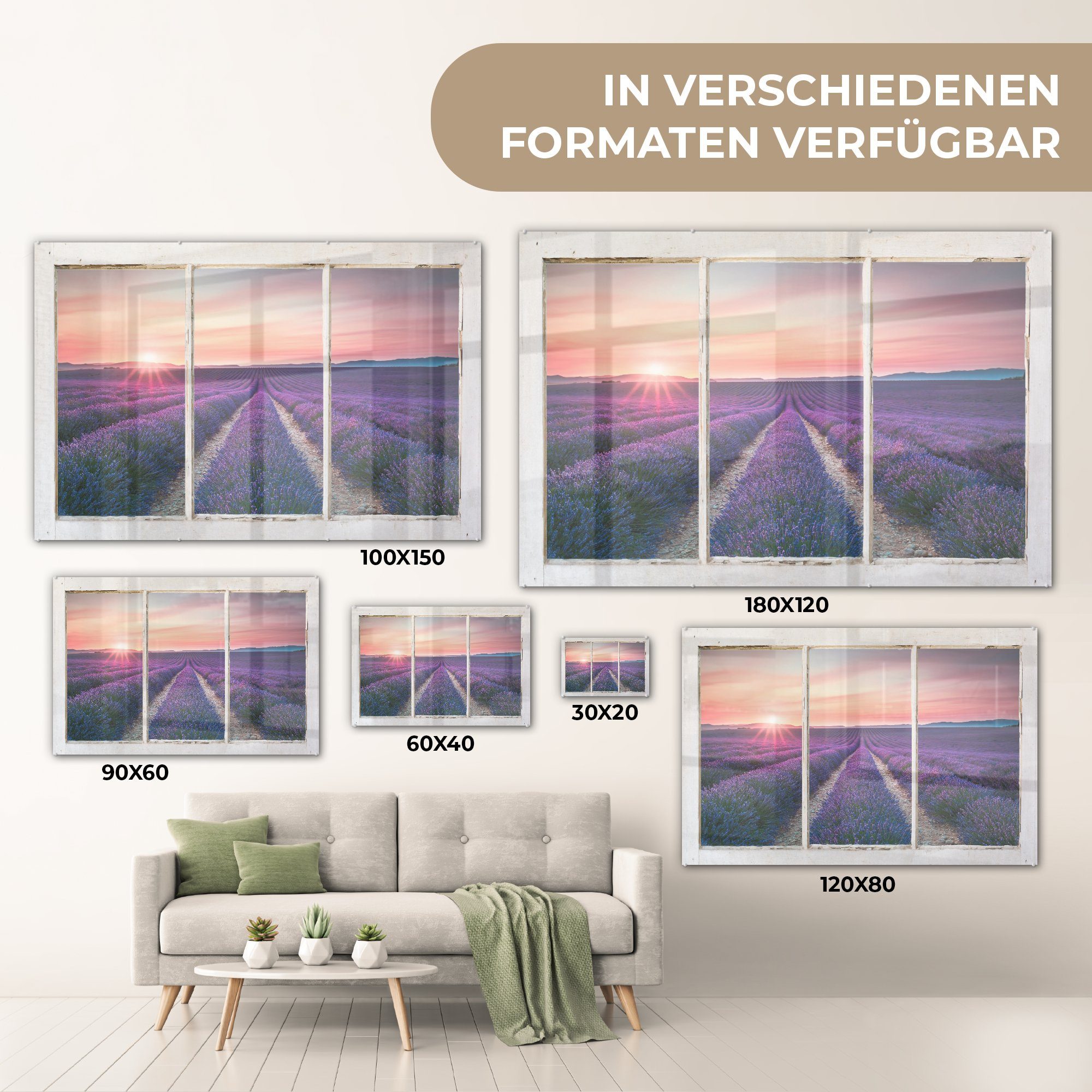 - Lavendel - Bilder auf - Wanddekoration Glas MuchoWow Glasbilder Acrylglasbild Foto - - auf Sonnenuntergang, (1 Wandbild Glas Ausblick St),