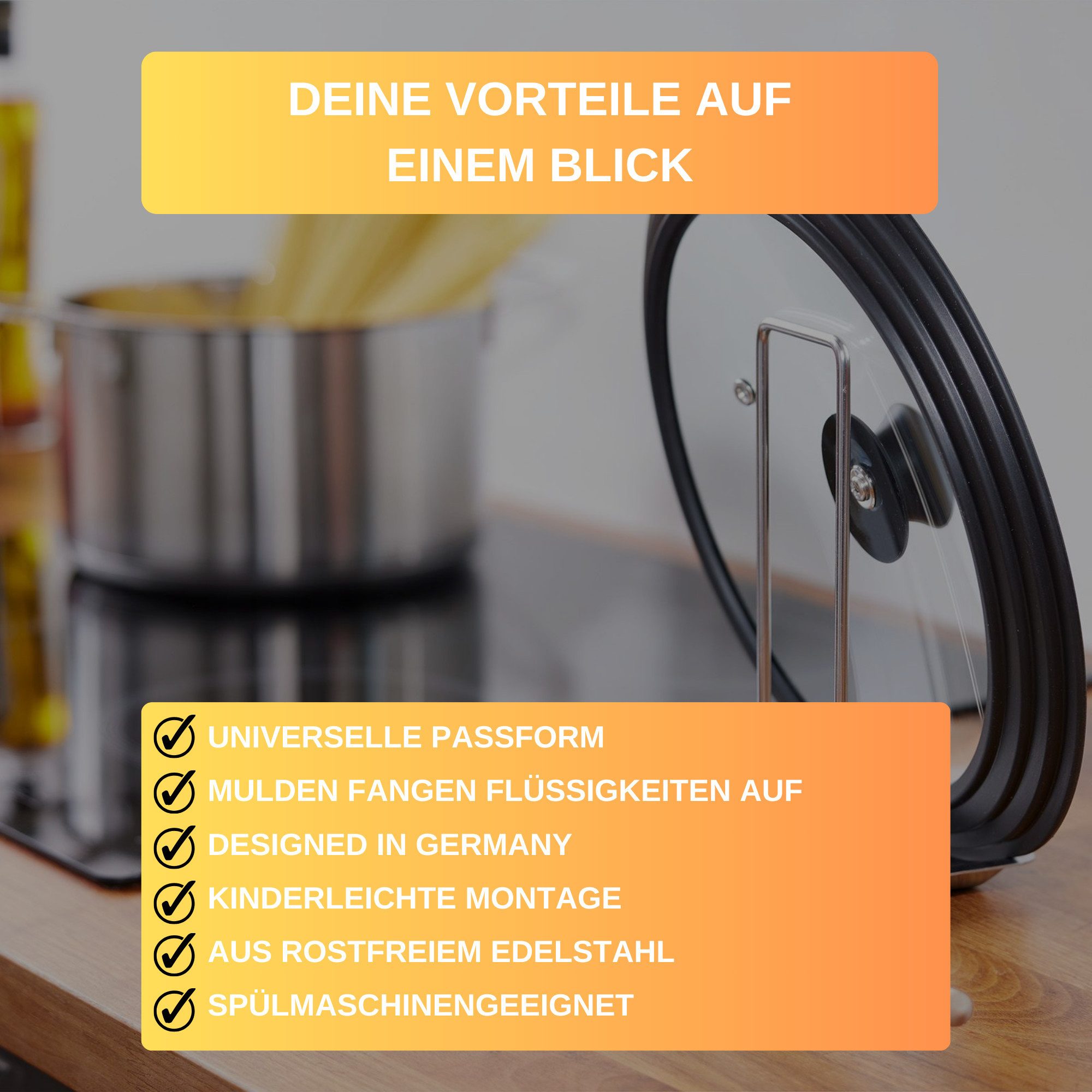 Thiru Kochlöffelhalter Ablage für Deckel + Löffel aus rostfreiem Edelstahl mit tiefen Mulden, Tiefe Mulden, für Deckel mit ø 16-32 cm, einfache Montage – Bild 5 von 5