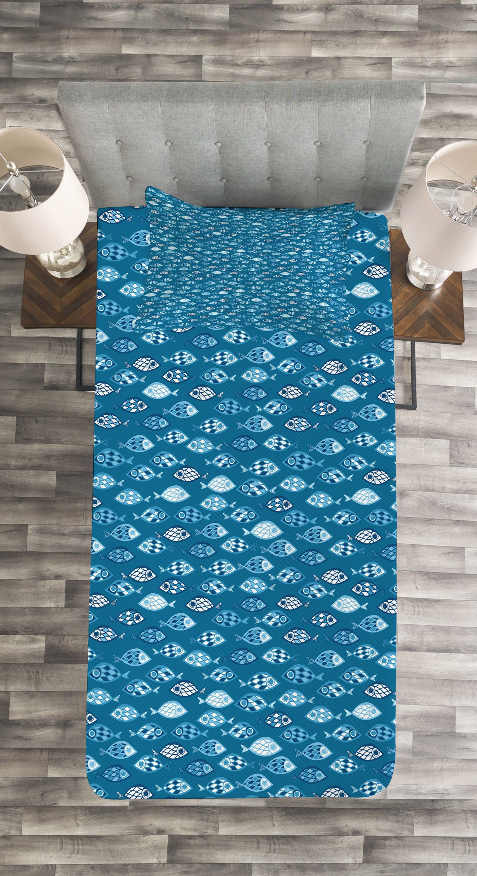 Abakuhaus, Set Entwurf mit Aquatic Fische Tagesdecke Waschbar, Kissenbezügen Abstrakt