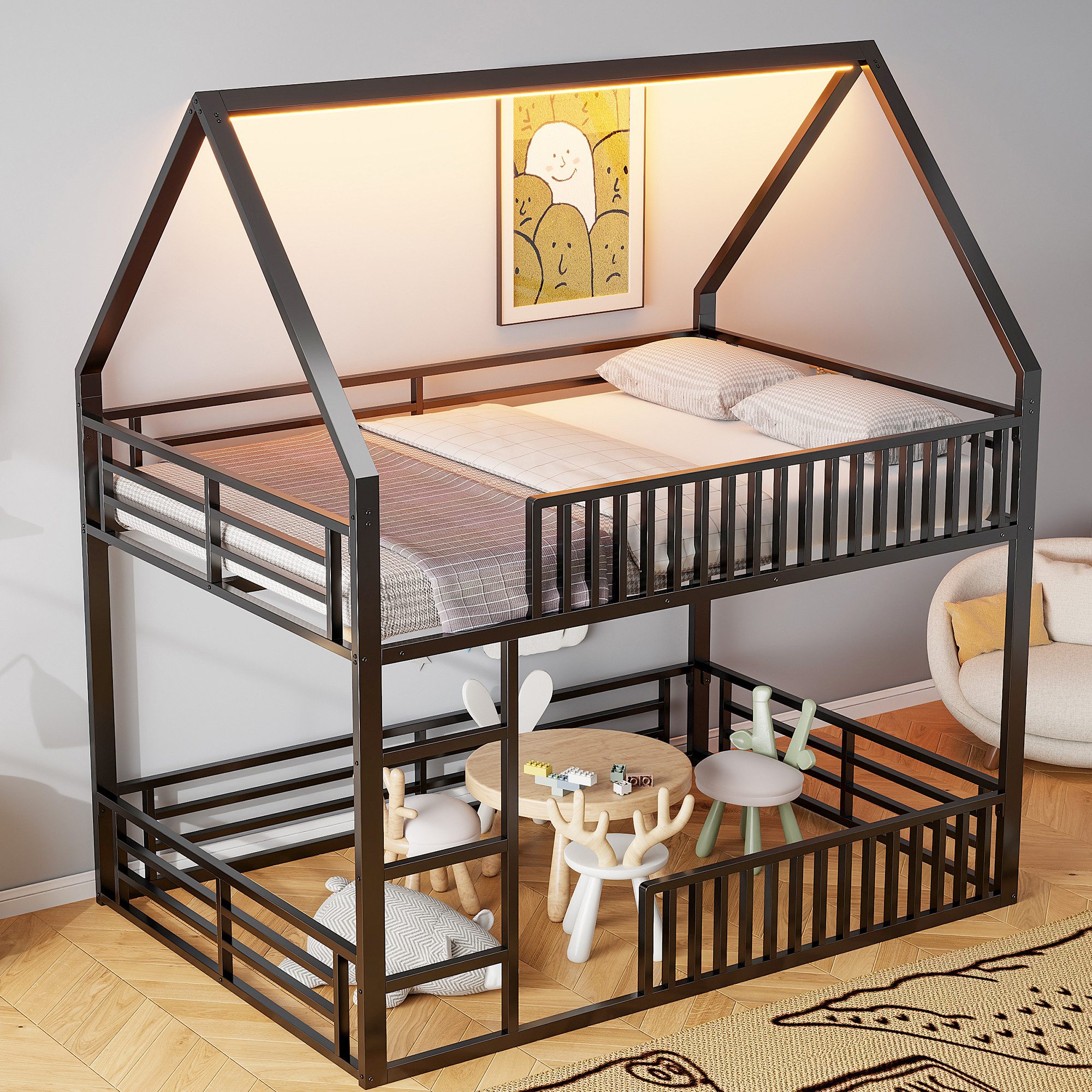 Merax Etagenbett mit LED-Beleuchtung (Hochbett Kinderhaus Hausbett, 1-St), Metallbett Kinderbett 140x200cm mit Zaungeländer Spielbereich Dach