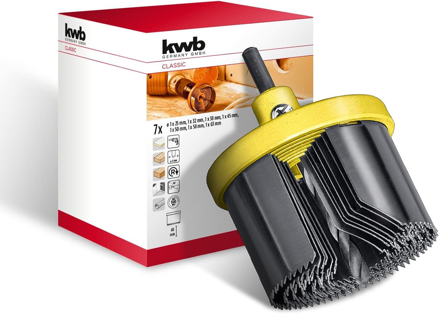 kwb Lochsäge kwb 7-tlg. Mehrkranzlochsäge Ø 25, 32, 38, 45, 50, 58 und 63 mm mit Ze, kwb 7-tlg. Mehrkranzlochsäge Ø 25, 32, 38, 45, 50, 58 und 63 mm mit Ze
