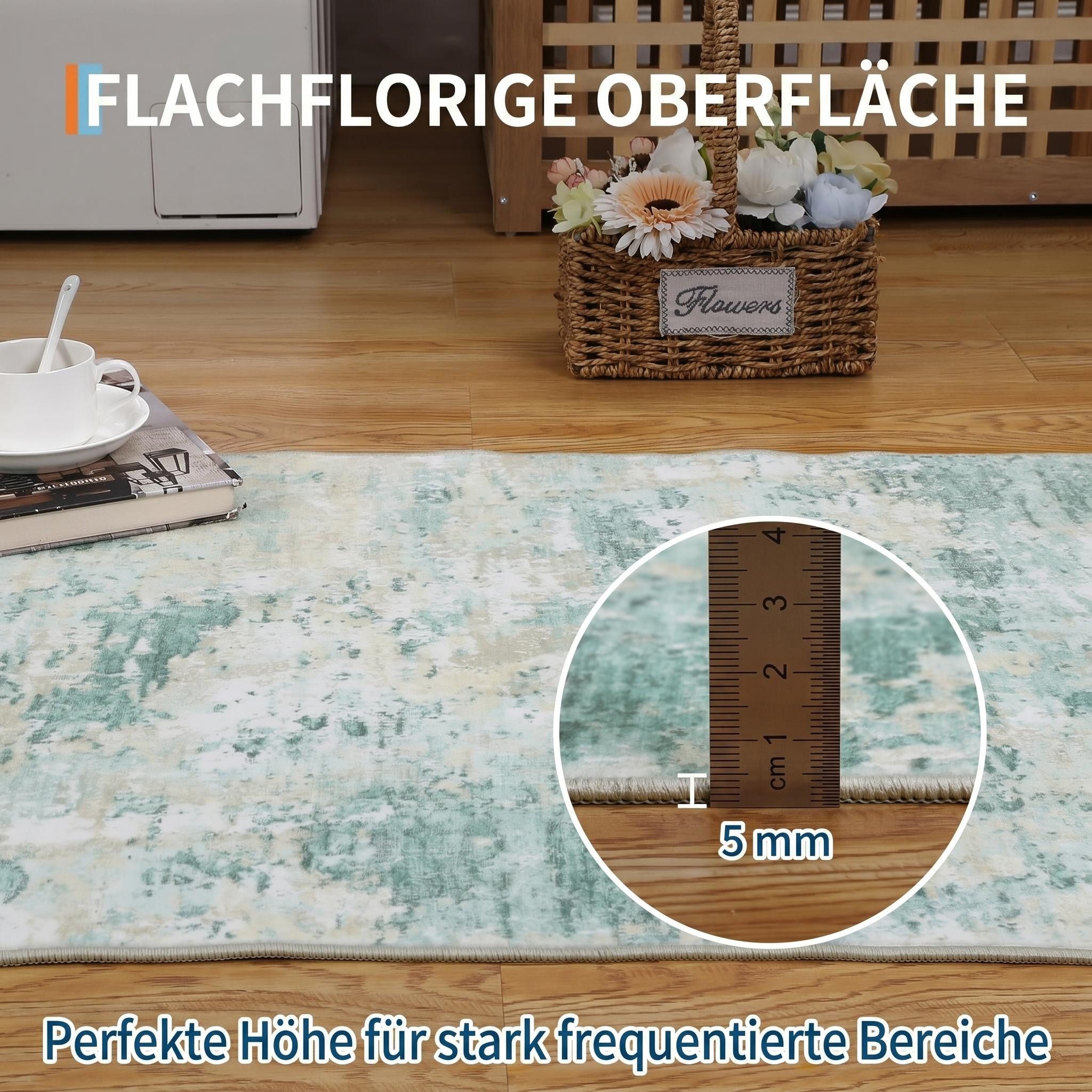GarveeMore Teppich aus Perlvelours für Wohnzimmer & Schlafzimmer, faltbar, waschbar, rechteckig, Höhe: 5 mm, abstraktes Tuschmuster, rutschfeste Rückseite, 120x170 cm, Grün
