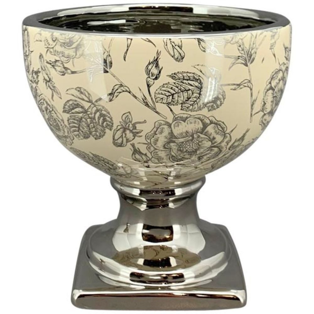 Exner GmbH Garten- & Wohnaccessoires Übertopf Kleiner Übertopf auf Fuß in Beige Silber mit Rosenmuster 13 cm, Extra Klein