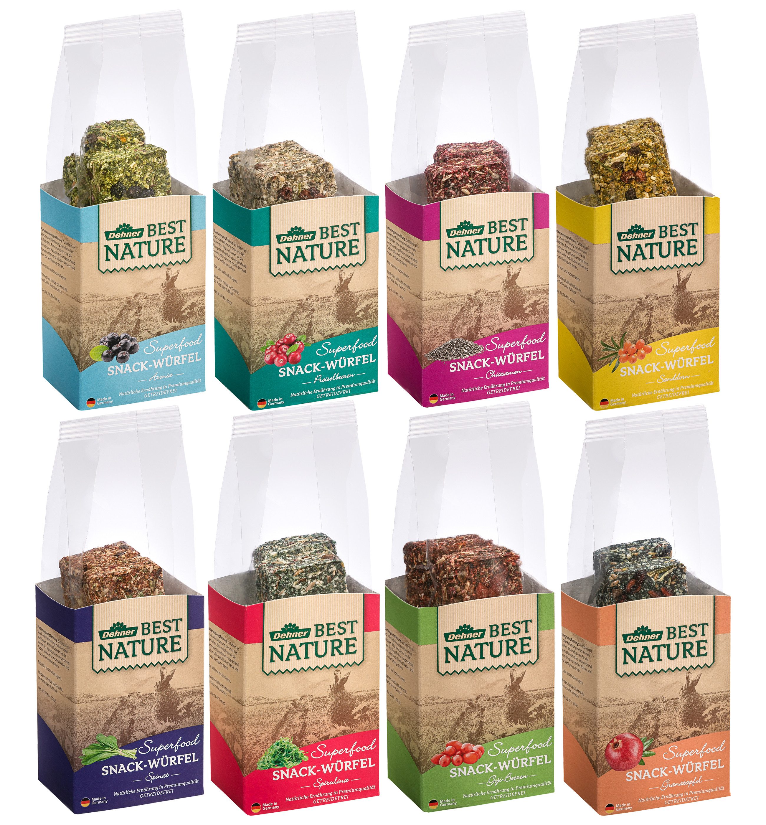 Dehner Dehner Best Nature Nagersnack, Superfood Würfel-Mix, 8 x 90 g (720 g) Algen, Snack für: Zwergkaninchen, Kaninchen, Hamster, Zwerghamster, Meerschweinchen, Mäuse, Rennmäuse