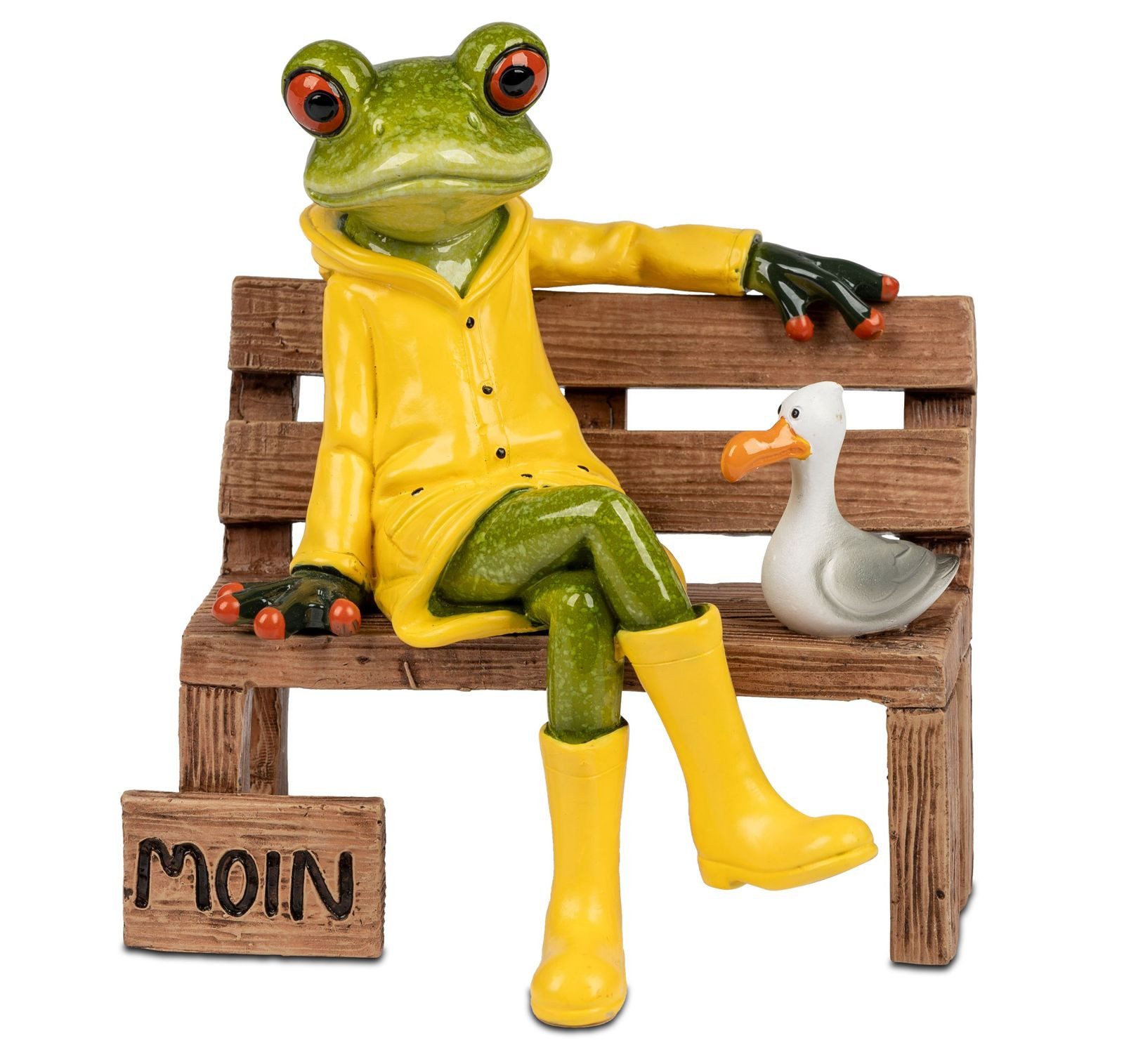 formano Sammelfigur Frosch auf Bank 13cm maritime Deko mit Moin-Gruß Möwe und Regenjacke