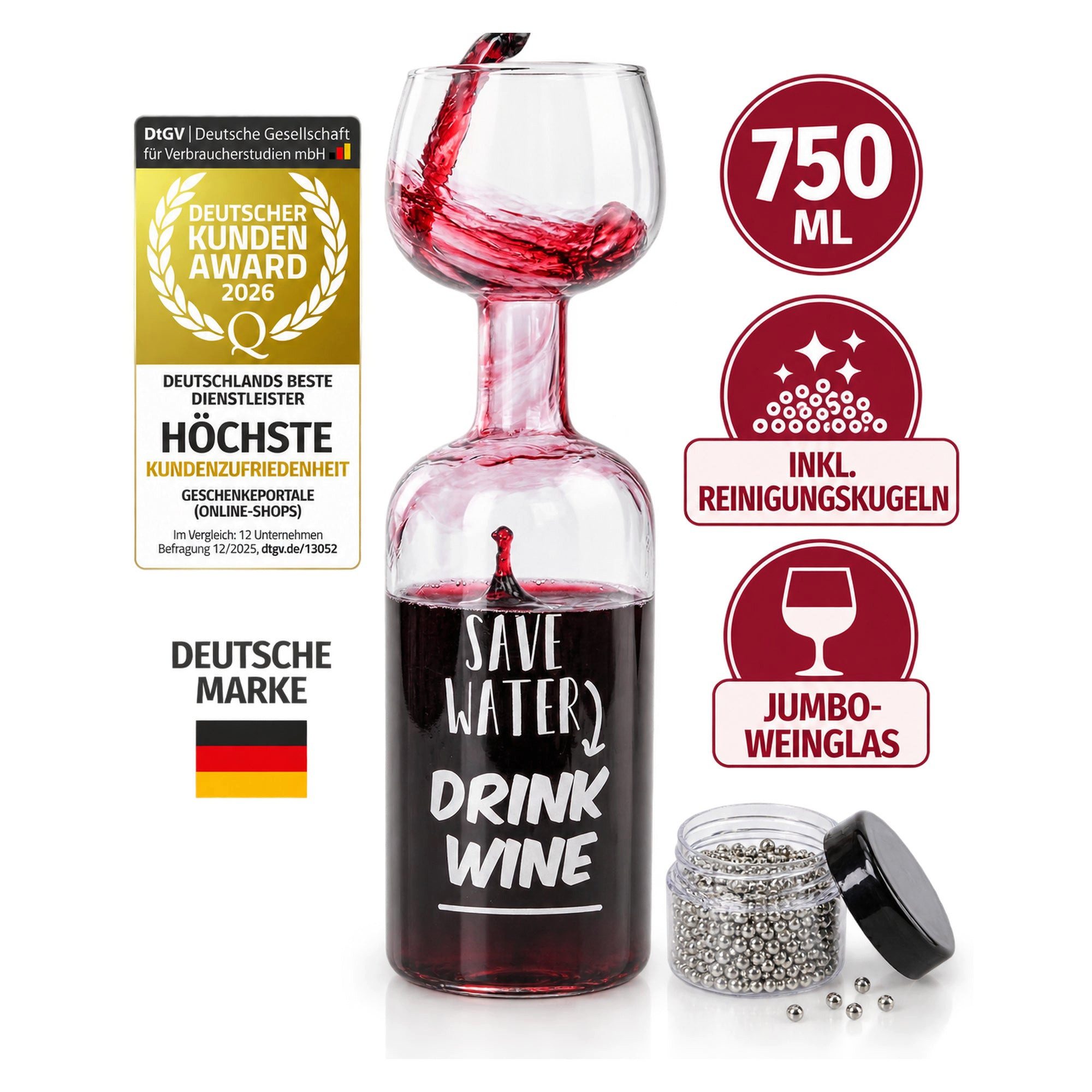 Dimono Rotweinglas XXL Rotweinglas–750ml Weinglas-Set für Abendessen, Partys & Geschenke, Glas, Weinflaschen Glas 750 ml mit Reinigungskugeln
