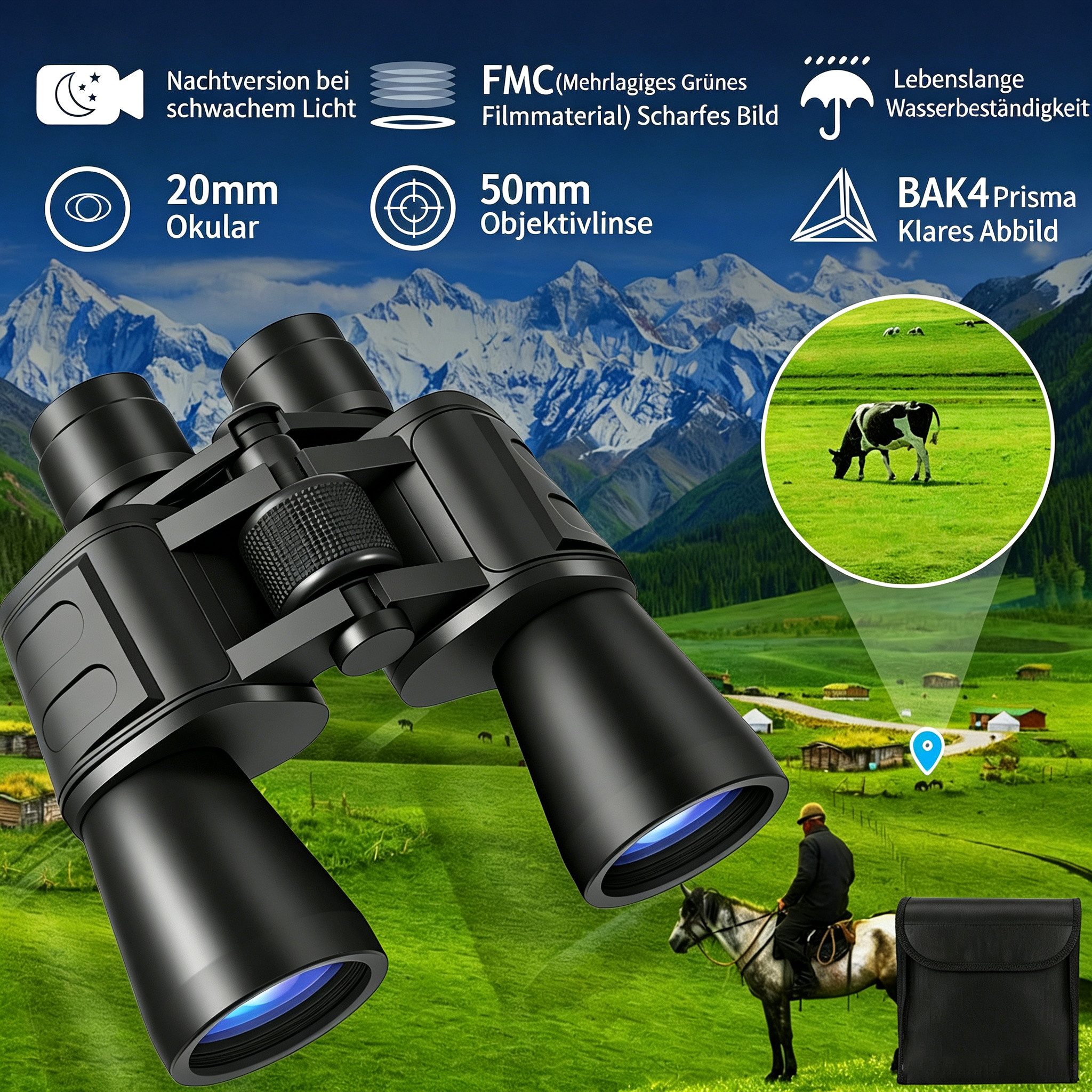 ibettertec Fernglas 20x50 Binoculars mit Nachtsicht bei schwachem Licht Fernglas (Fernglas für Vogelbeobachtung, Jagd/Reisen/Outdoor)