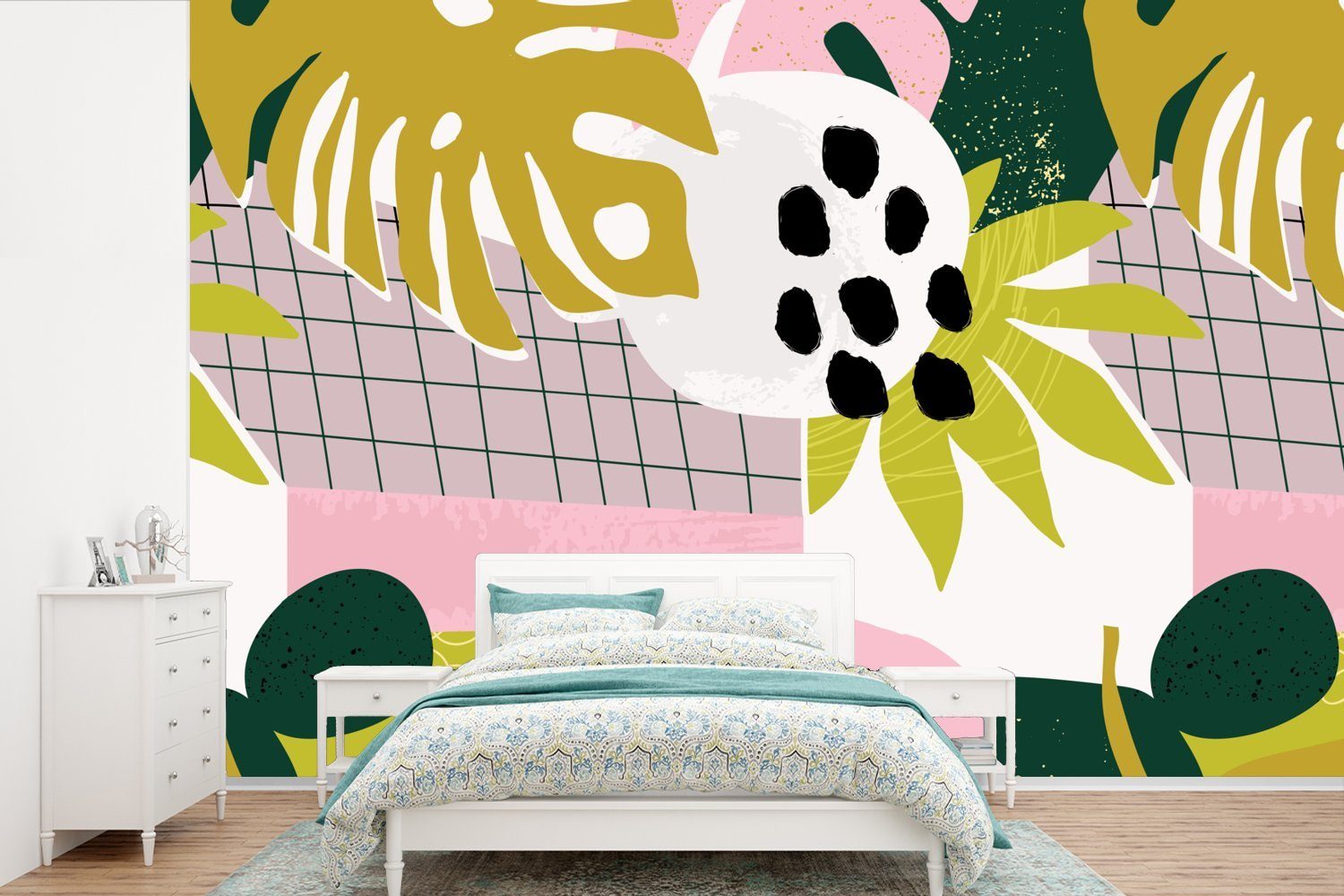 MuchoWow Fototapete Tropische Pflanzen - Rosa - Gelb - Muster, Matt, bedruckt, (6 St), Wallpaper für Wohnzimmer, Schlafzimmer, Kinderzimmer, Vinyl Tapete