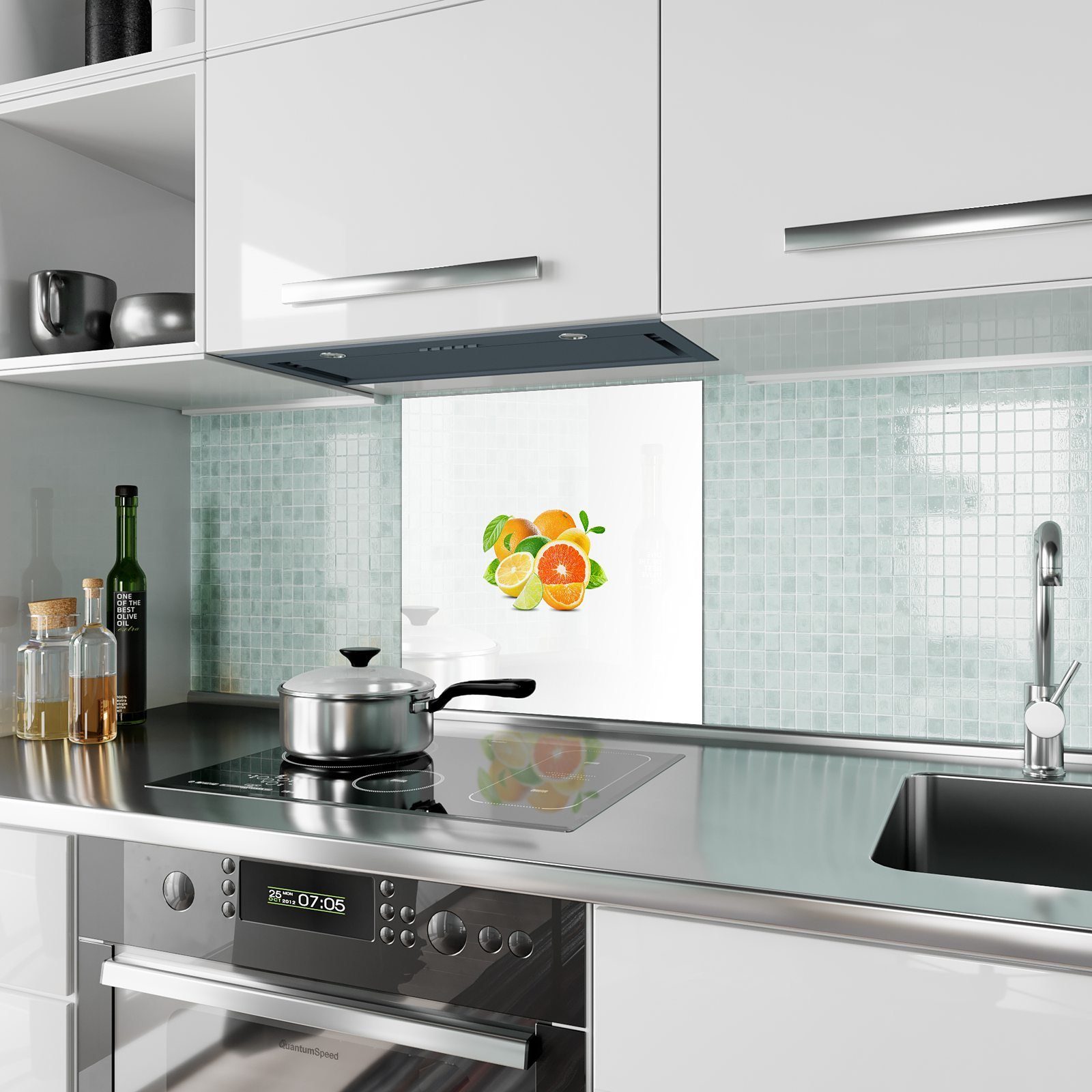 Primedeco Küchenrückwand Küchenrückwand Spritzschutz Motiv Zitrusfrüchte mit verschiedene Glas