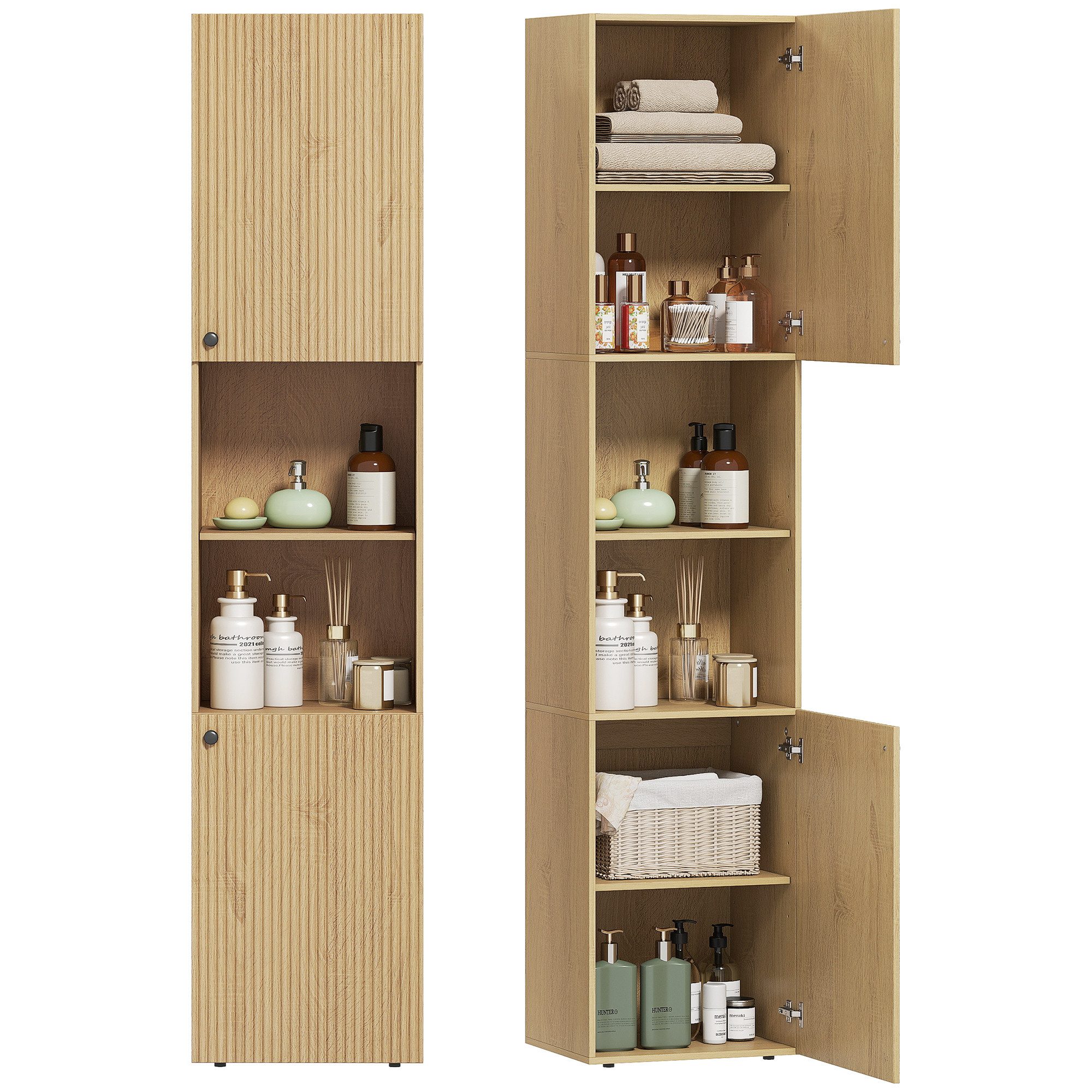 HOMCOM Badkommode mit 2 Schränke, 2 offene Regale (Badschrank, 1 St., Hochschrank), für Badezimmer, Eiche