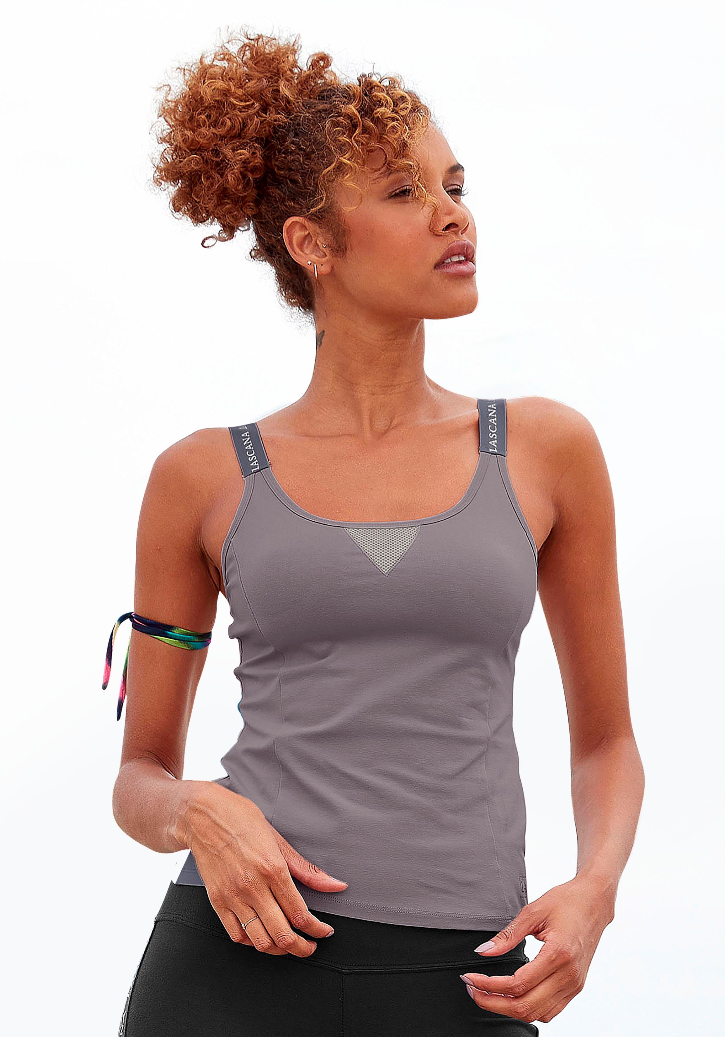 LASCANA ACTIVE Funktionsshirt mit beschrifteten Trägern und Mesh-Einsatz stone | Funktionsshirts