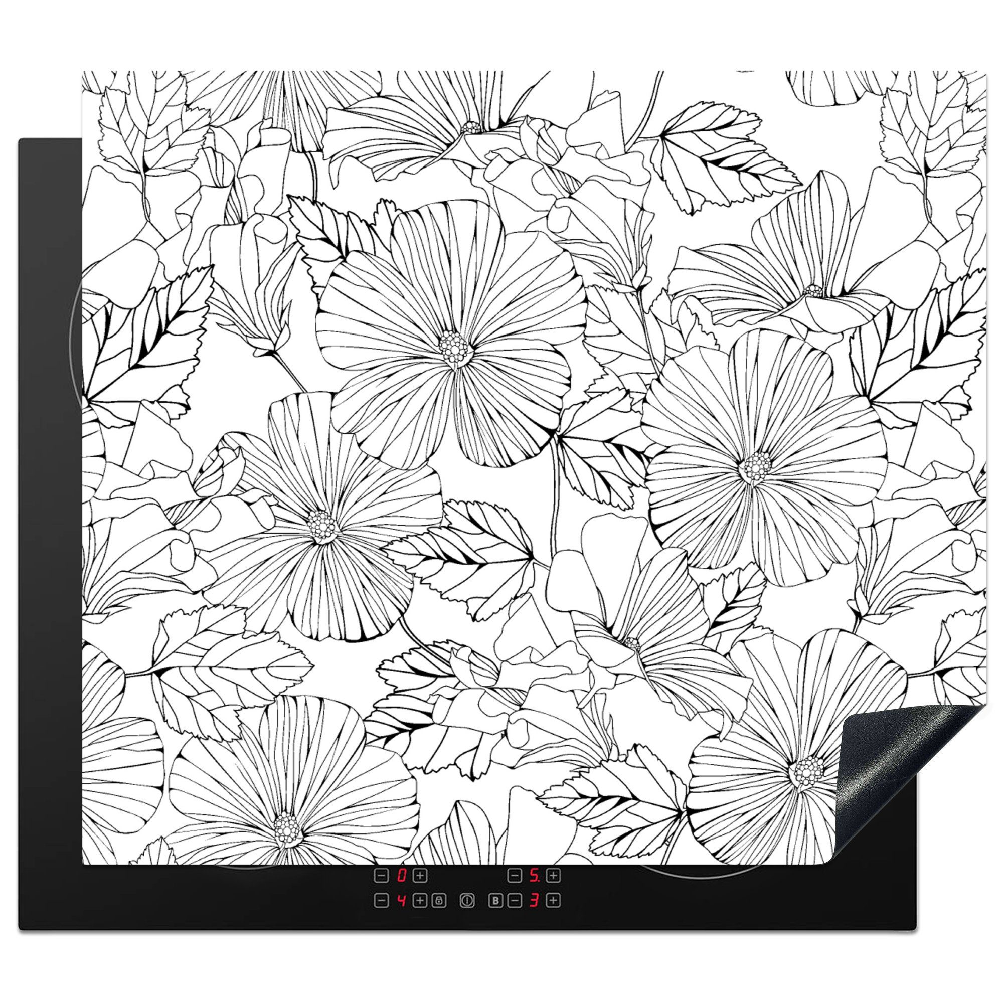 MuchoWow Herdblende-/Abdeckplatte Blumen - Schwarz - Weiß - Design - Flora, Vinyl, (1 tlg), 59x52 cm, Ceranfeldabdeckung für die küche, Induktionsmatte | Herdabdeckplatten