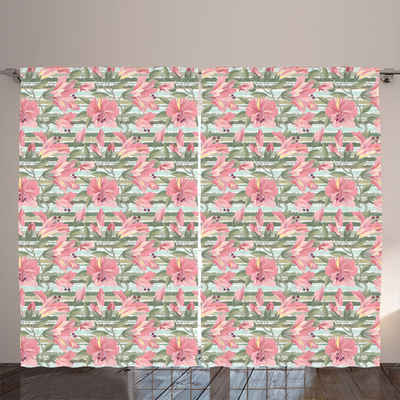 Gardine Gardinen mit Schlaufen und Haken 140 cm x 2 Vorhangbahnen, Abakuhaus, Blühende Blumen Blättrig-pasteller Frühling