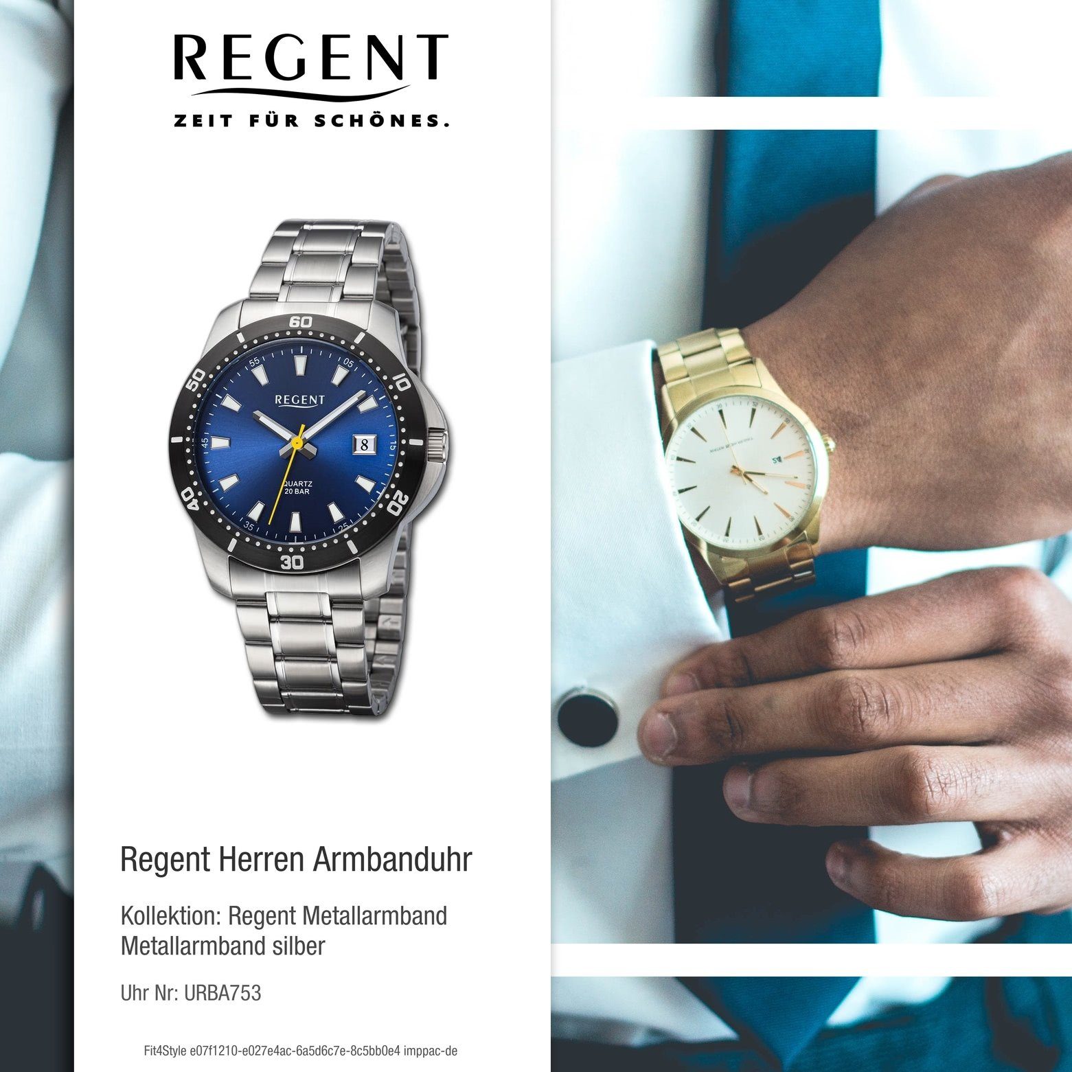 Metallarmband groß Armbanduhr 40mm), Regent Regent Analog, Armbanduhr extra Herren Quarzuhr rund, Herren (ca.