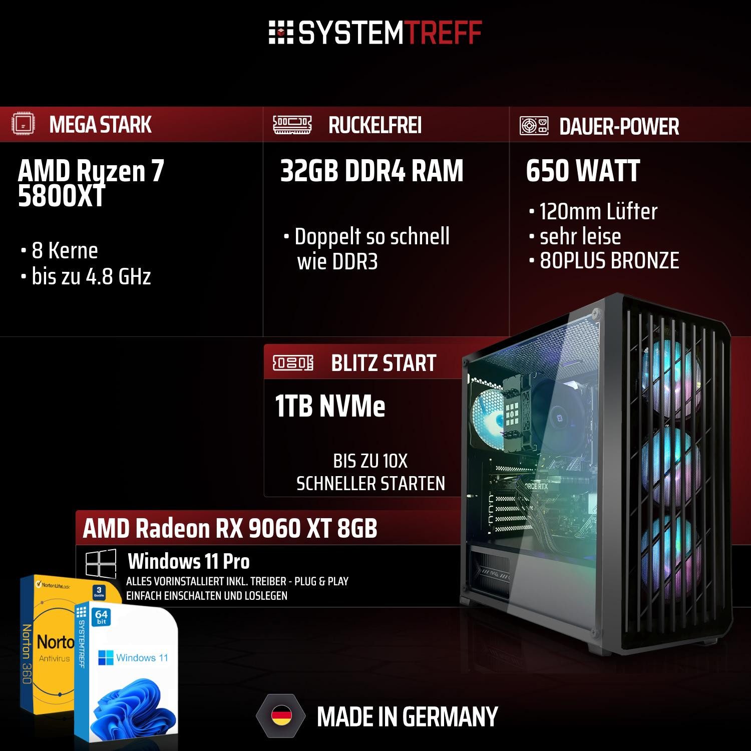 SYSTEMTREFF AMD Ryzen 7 5800XT mit AMD Radeon RX 9060 XT 8GB Gaming-PC (AMD 5800XT 5800XT, Radeon RX 9060 XT, 32 GB RAM, 1000 GB SSD, Luftkühlung)