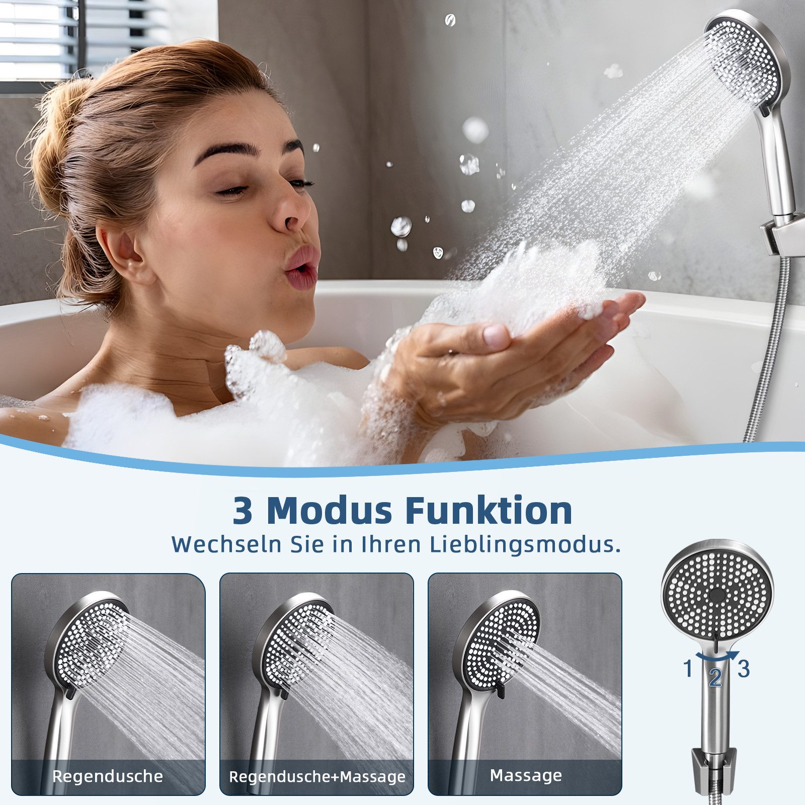 ZMH Duschsystem Wannenarmatur mit Handbrause Mischbatterie Badewanne, 150mm Wandmontage Armatur 3 Funktionen – Bild 3 von 5