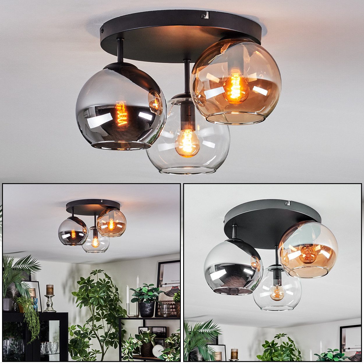 hofstein Deckenleuchte Deckenlampe aus Metall/Glas in Schwarz/Bernstein/Chrom/Rauch/Klar, ohne Leuchtmittel, Deckenleuchte im Retro/Vintage-Design (Schirme Ø 15 cm), 3 x E14