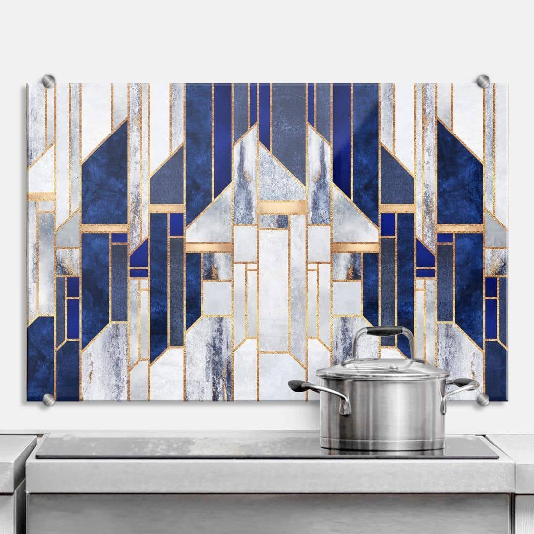 K&L Wall Art Gemälde Glas Blau inkl Himmel, Gold abstrakt Montagematerial Winter Wandschutz Küchenrückwand Spritzschutz