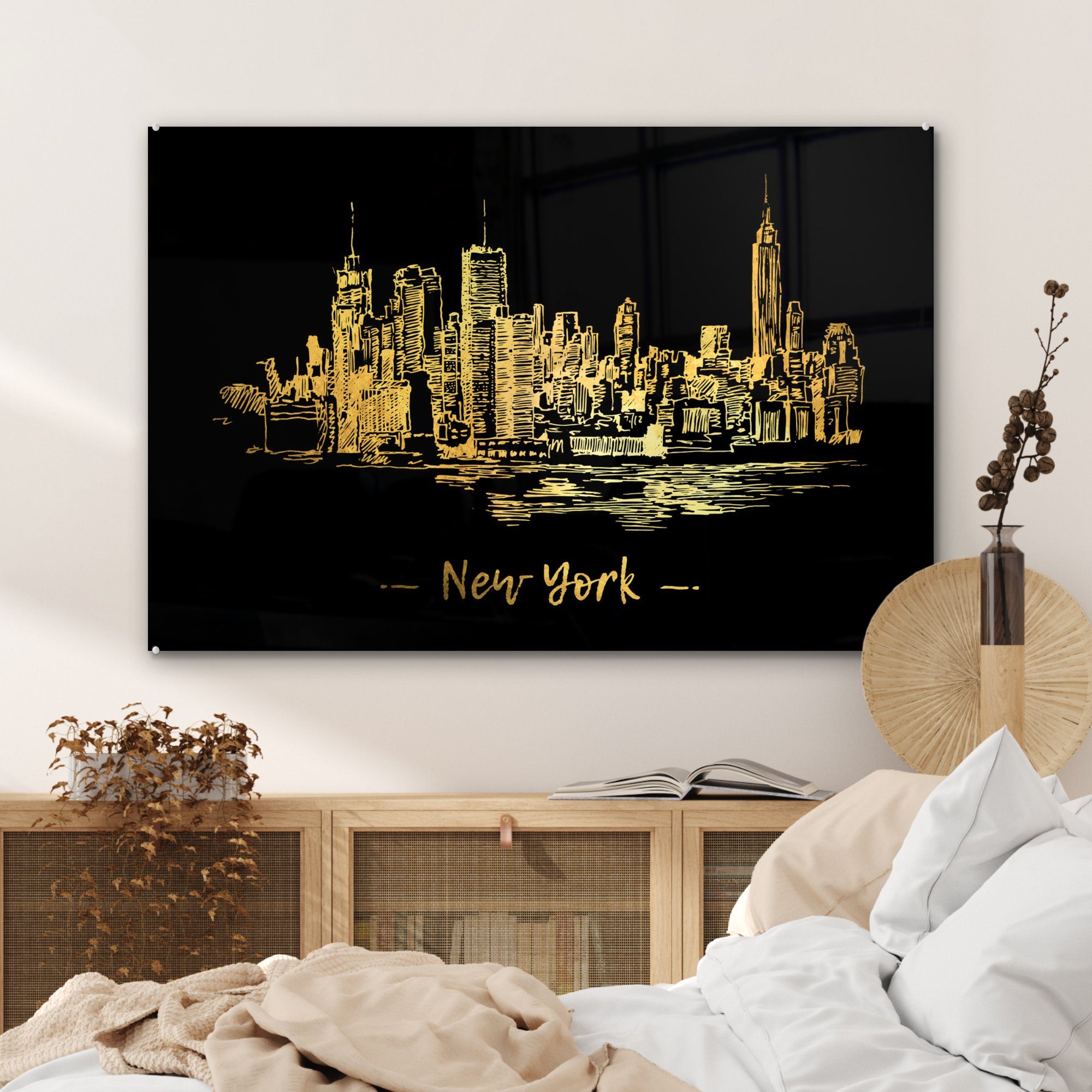 Gold, & Skyline MuchoWow Schlafzimmer (1 Acrylglasbild Wohnzimmer - Acrylglasbilder St), - New York