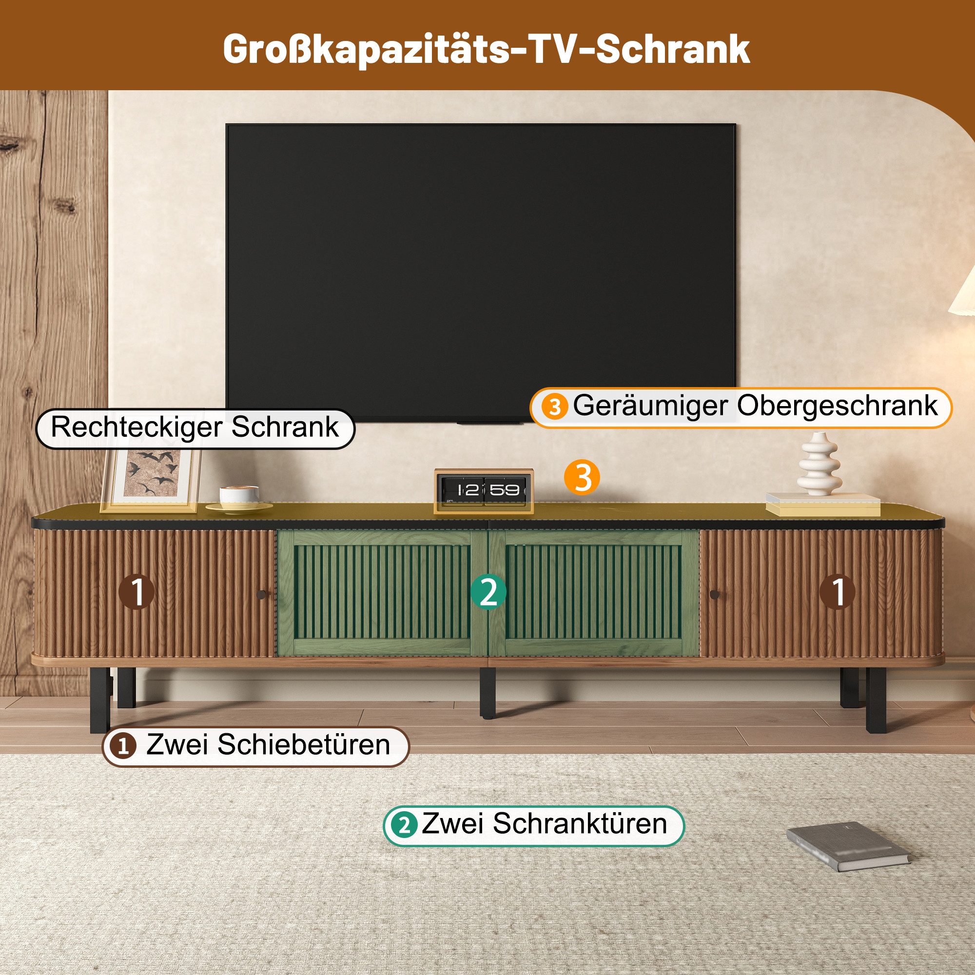 Merax Lowboard mit Gitterdesign und schwarzen Eisen-Griffe (1 St., Fernsehschrank in Oak/Walnut Optik), TV-Schrank mit 2 Schiebetüren, 2 Klapptüren & Stauraum,  – Bild 5 von 5