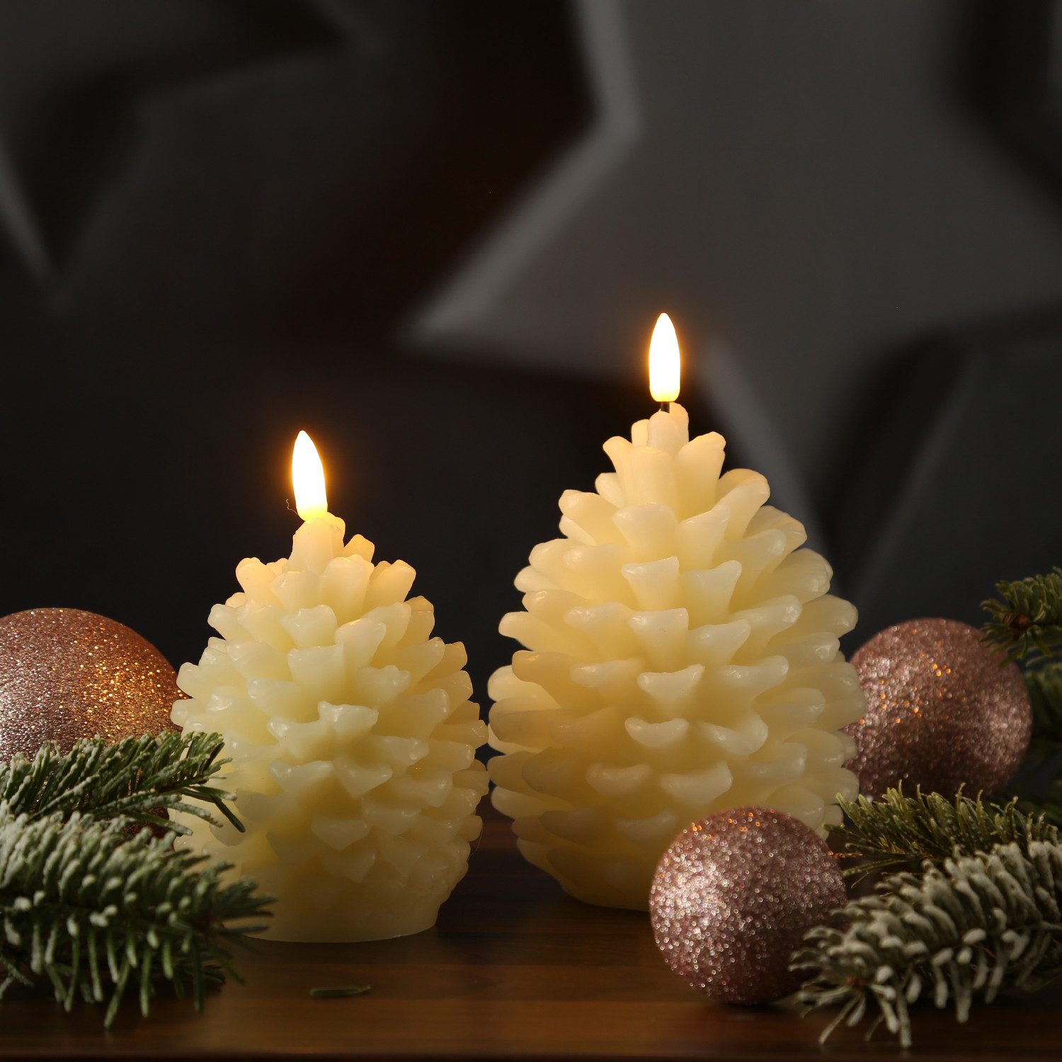 MARELIDA LED-Kerze Tannenzapfen Echtwachs Zapfenform Weihnachtsdeko H: 15,5cm Timer creme, LED Classic, warmweiß (2100K bis 3000K) – Bild 3 von 5
