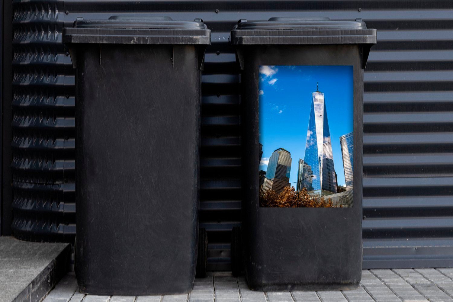 Mülleimer-aufkleber, in Container, Mülltonne, (1 One Abfalbehälter Trade St), den Sticker, Center im Vereinigten World MuchoWow Herbst Staaten Das Wandsticker