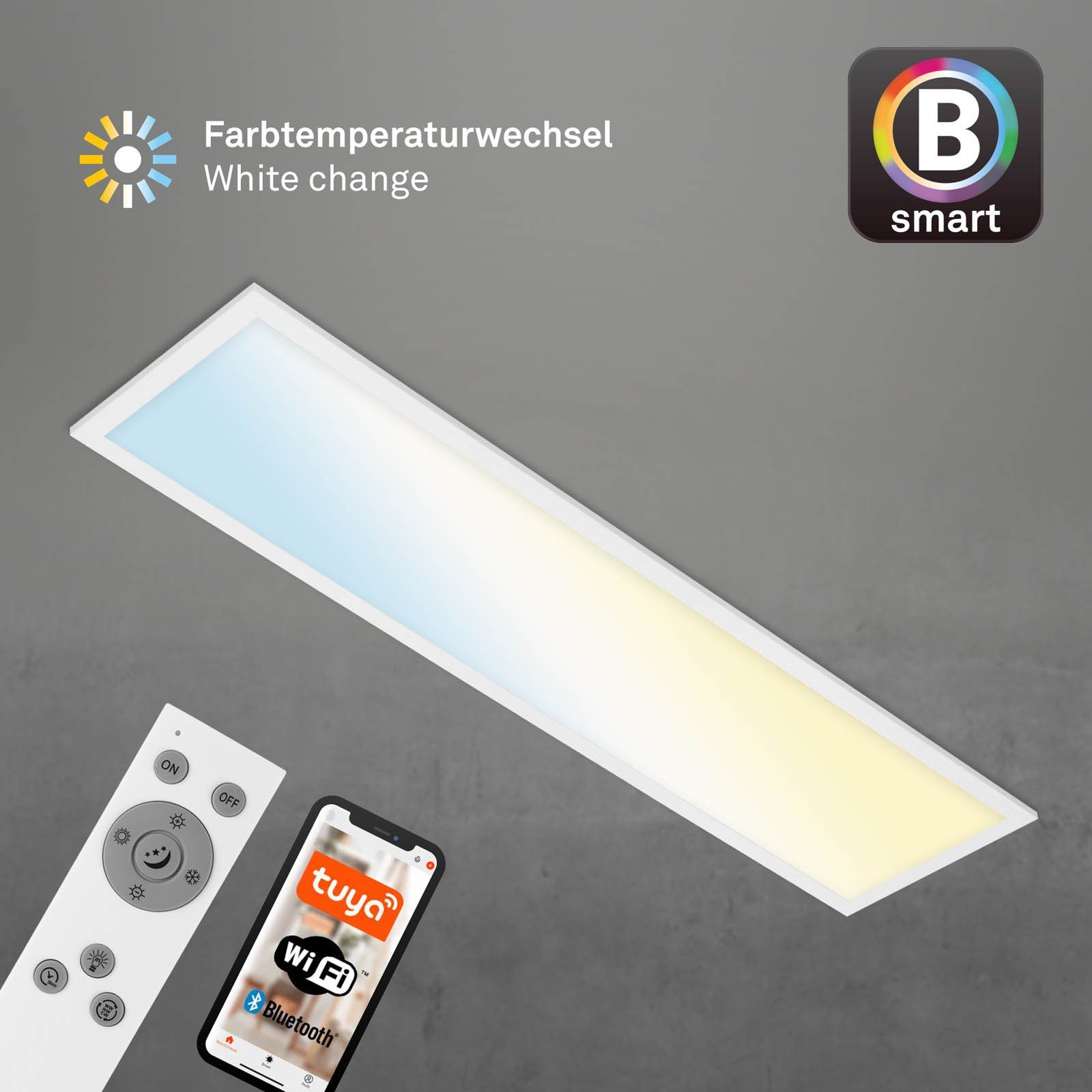 Briloner Leuchten LED Fernbedienung, Neutralweiß, 28W, dimmbar, Smarte Speicherfunktion, Wifi, Deckenlampe, Warmweiß, 7385-016, Appsteuerung, verbaut, Tageslichtweiß, Kaltweiß, Panel LED Sprachsteuerung, Schlafzimmer ultraflach, fest Wohnzimmer, Weiß, 100x25x6,6cm