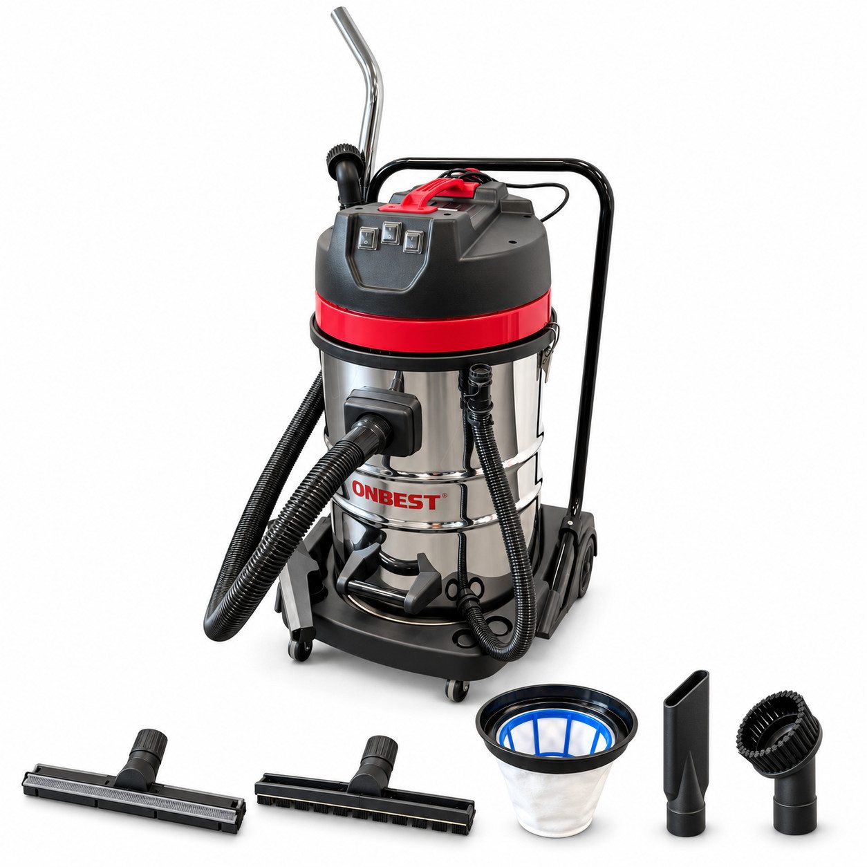 Onbest Industriesauger WD3680 Nass-Trockensauger 80 l Edelstahl, 3 Motoren, 3600 W, beutellos, mit Kippfahrgestell und 700-mm-Ablassschlauch