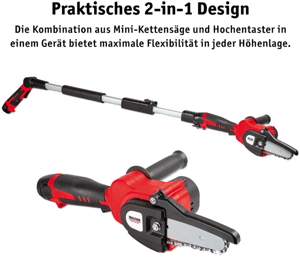 WALTER Akku-Kettensäge 12V Hochentaster Gehölzschneider Astsäge Kettensäge inkl. Akku, Schneller Wechsel zwischen Hochentaster und Kettensäge