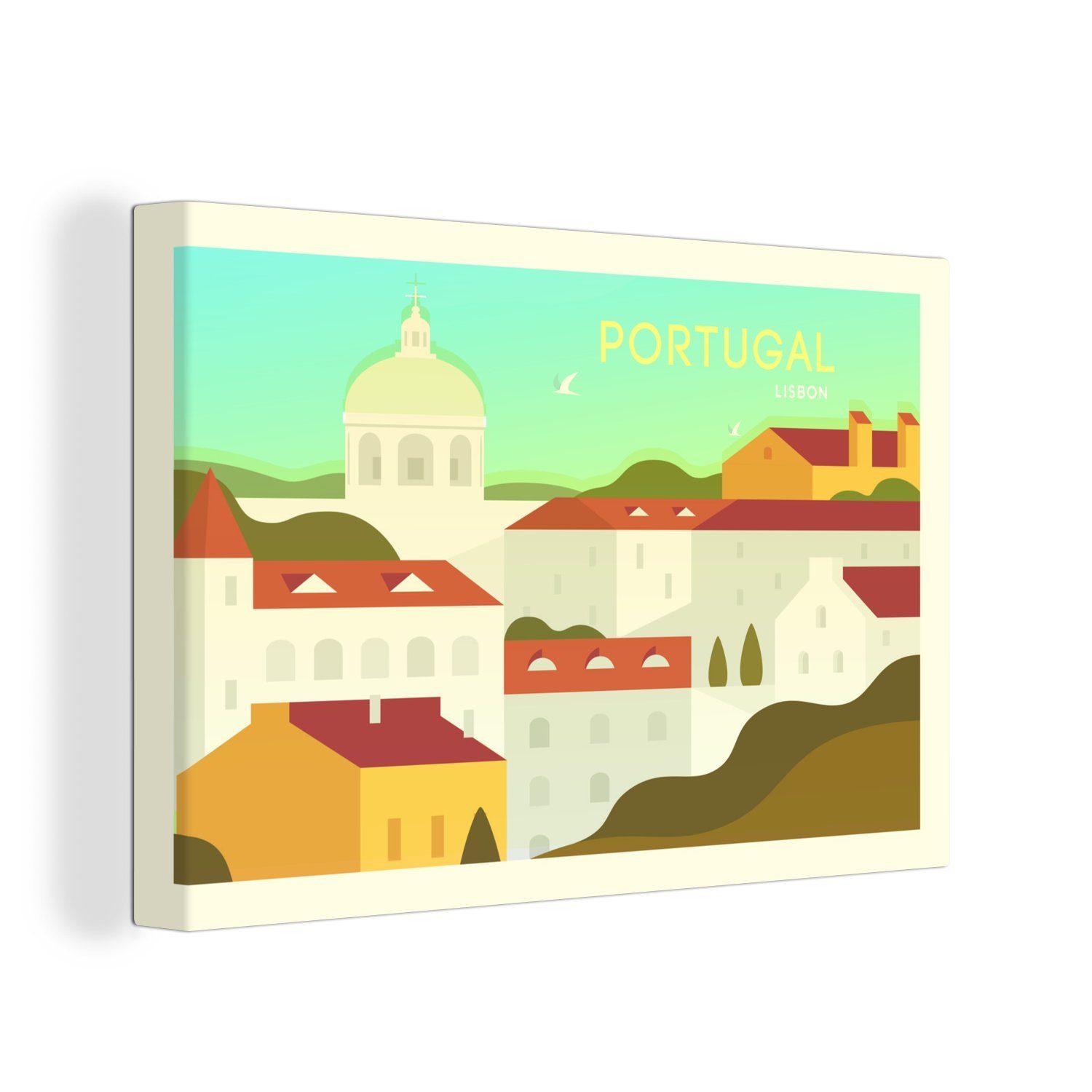 OneMillionCanvasses® Leinwandbild Illustration der Hauptstadt Lissabon, Portugal, (1 St), Wandbild Leinwandbilder, Aufhängefertig, Wanddeko, 30x20 cm