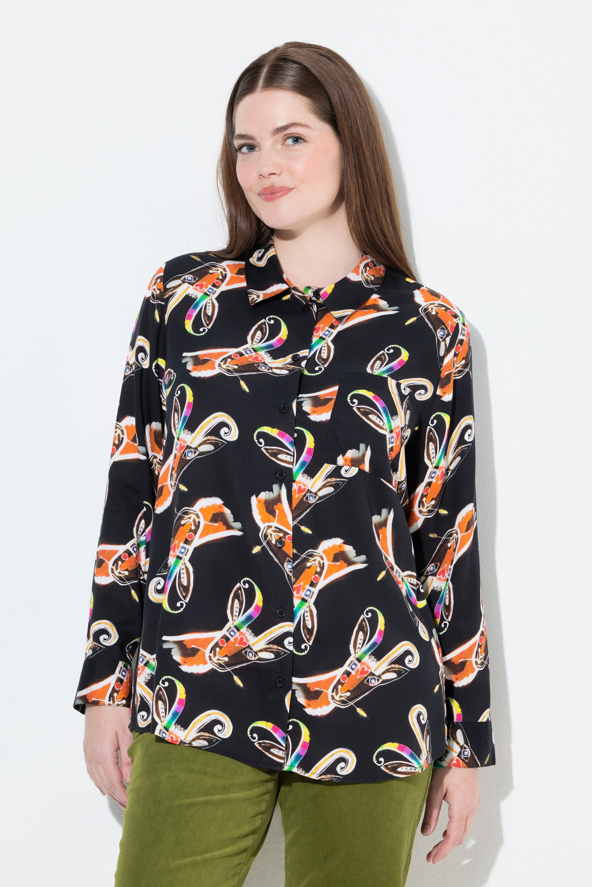 Ulla Popken Hemdbluse Hemdbluse Landhausdruck Hemdkragen Langarm