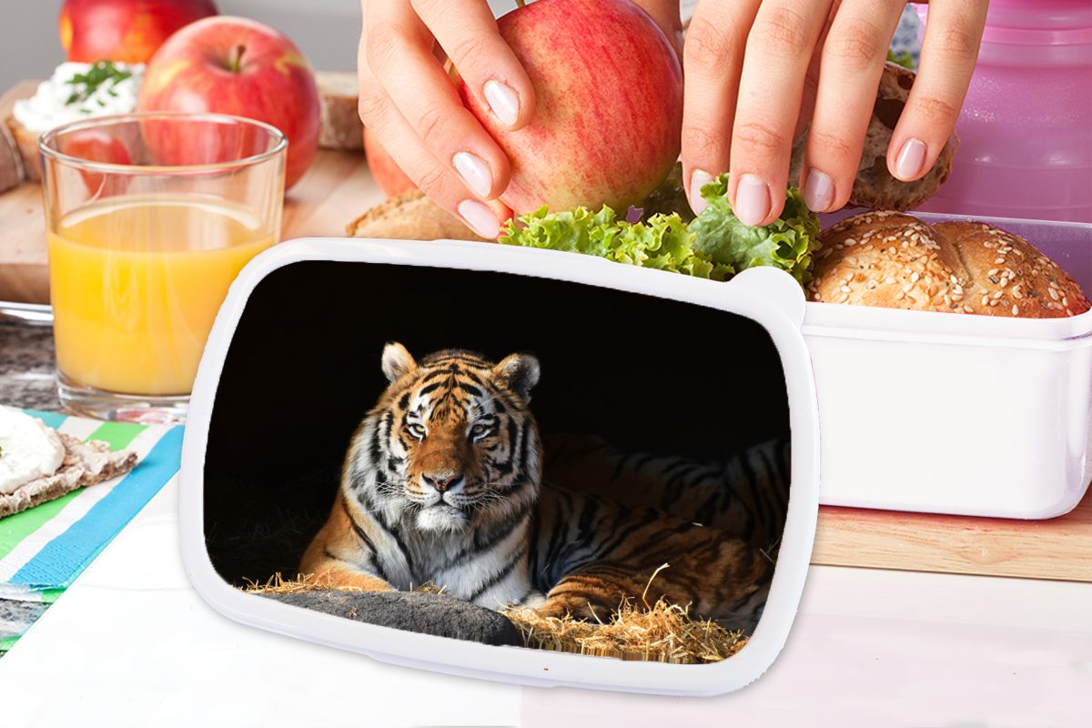 MuchoWow Lunchbox Tiger - Mädchen (2-tlg), Brotbox Erwachsene, für Kinder Stroh für und Schatten, Brotdose, - und weiß Kunststoff, Jungs