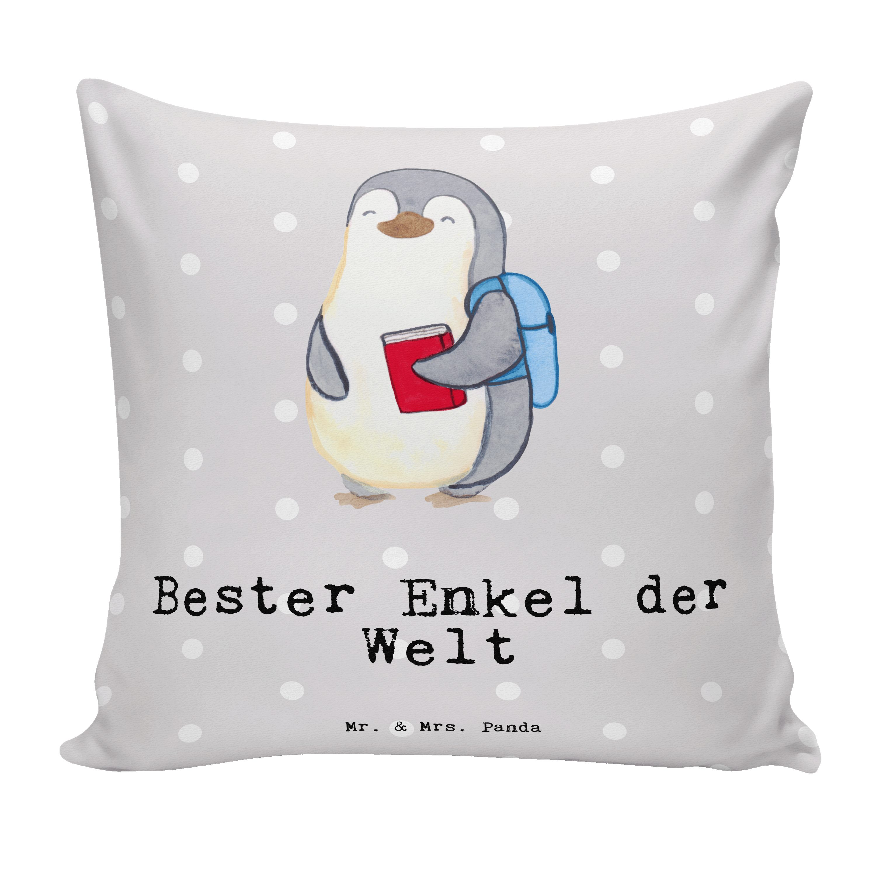 Mr. & Mrs. Panda Dekokissen Pinguin Bester Enkel der Welt - Grau Pastell - Geschenk, Sofakissen