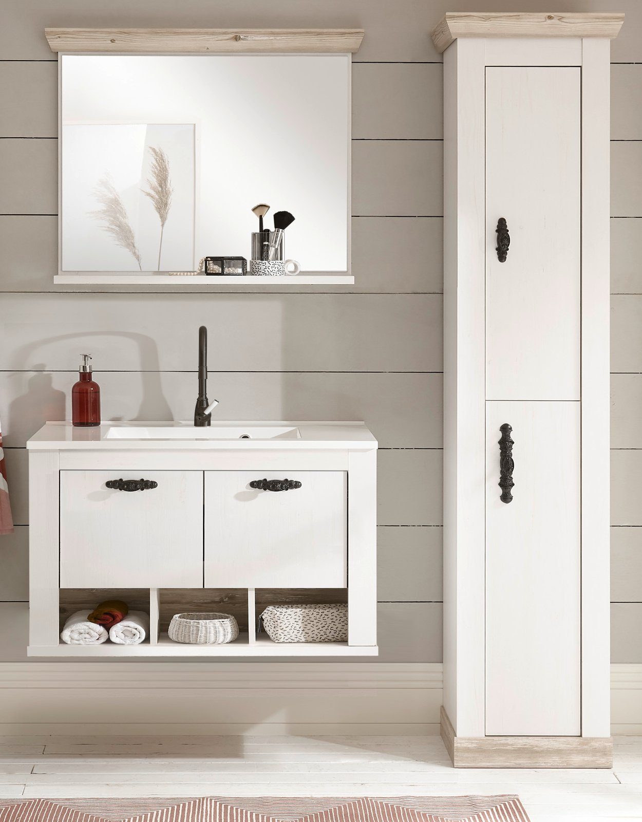 Furn.Design Waschtisch-Set Rovola, (in weiß Pinie Landhausstil, 4-St., 143 x 200 cm), mit Waschbecken