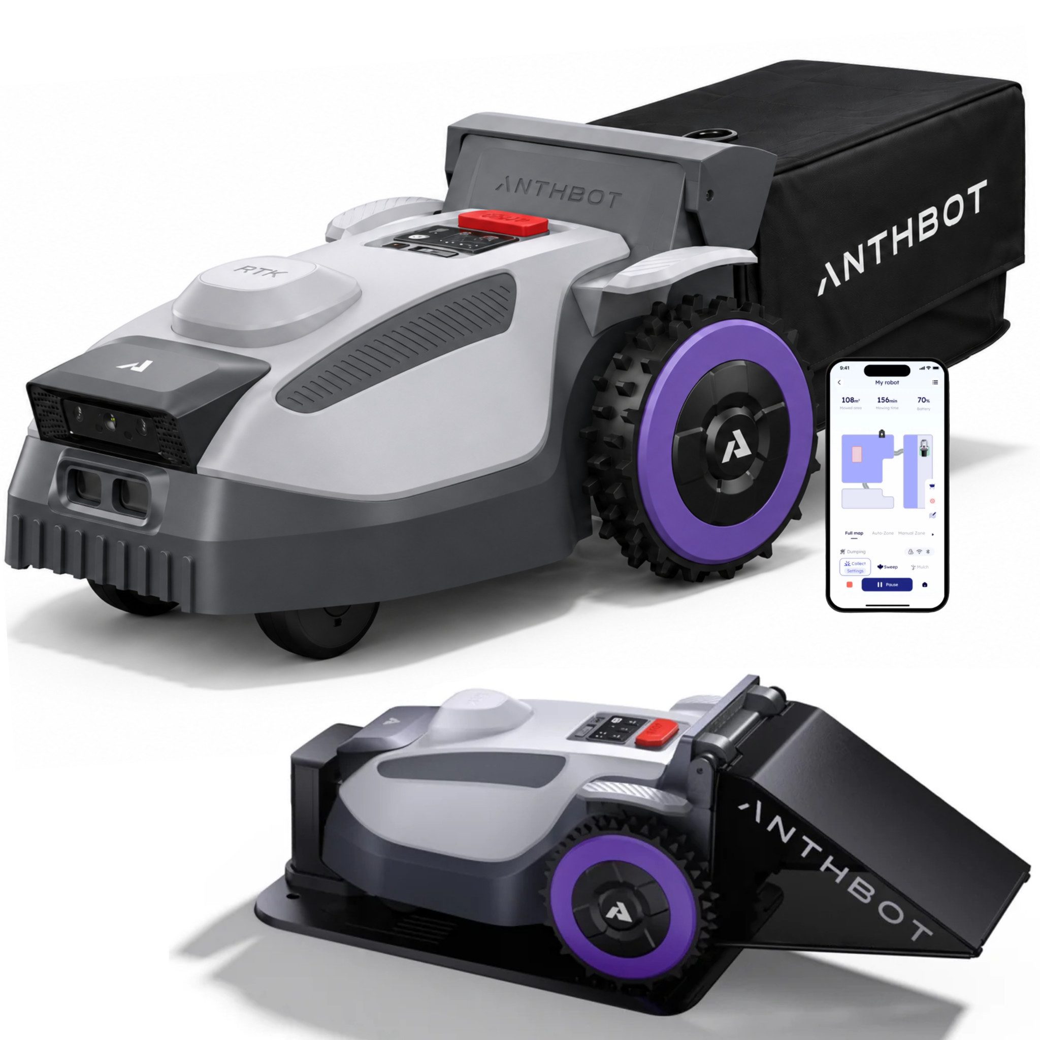 ANTHBOT Rasenmähroboter N8 Serie ohne Begrenzungskabel, 4-in-1, 23L Fangkorb, Auto-Entleerung, bis 1500 m² Rasenfläche, (Mähen, Mulchen, Grasschnitt sammeln & trockenes Herbstlaub aufnehmen, Full-Band-RTK + Dual-Kamera AI + KI-Hinderniserkennung), Auto-Laden & Fortsetzen, Schnitthöhe per App, bis 45 % Steigung